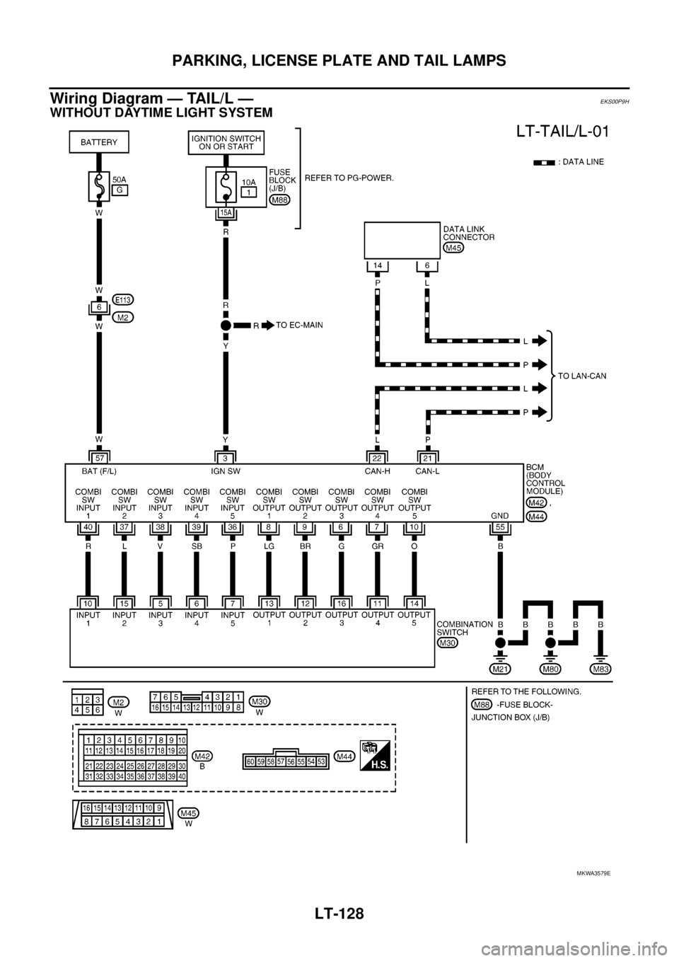 NISSAN NAVARA 2005  Repair Workshop Manual LT-128
PARKING, LICENSE PLATE AND TAIL LAMPS
Wiring Diagram — TAIL/L —
EKS00P9H
WITHOUT DAYTIME LIGHT SYSTEM
MKWA3579E 