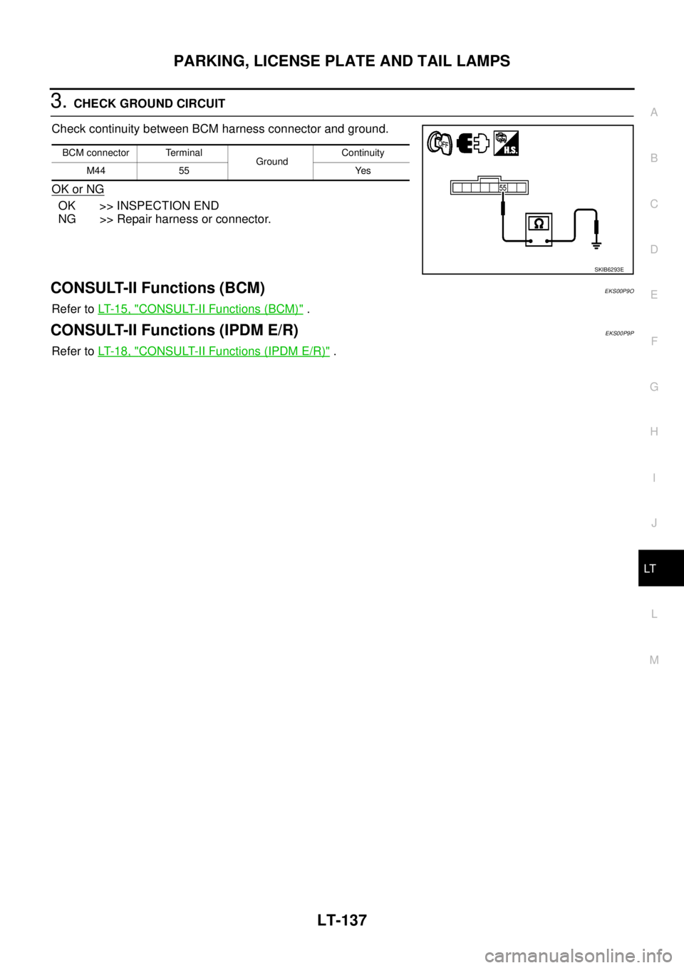 NISSAN NAVARA 2005  Repair Workshop Manual PARKING, LICENSE PLATE AND TAIL LAMPS
LT-137
C
D
E
F
G
H
I
J
L
MA
B
LT
3.CHECK GROUND CIRCUIT
Check continuity between BCM harness connector and ground.
OK or NG
OK >> INSPECTION END
NG >> Repair harn