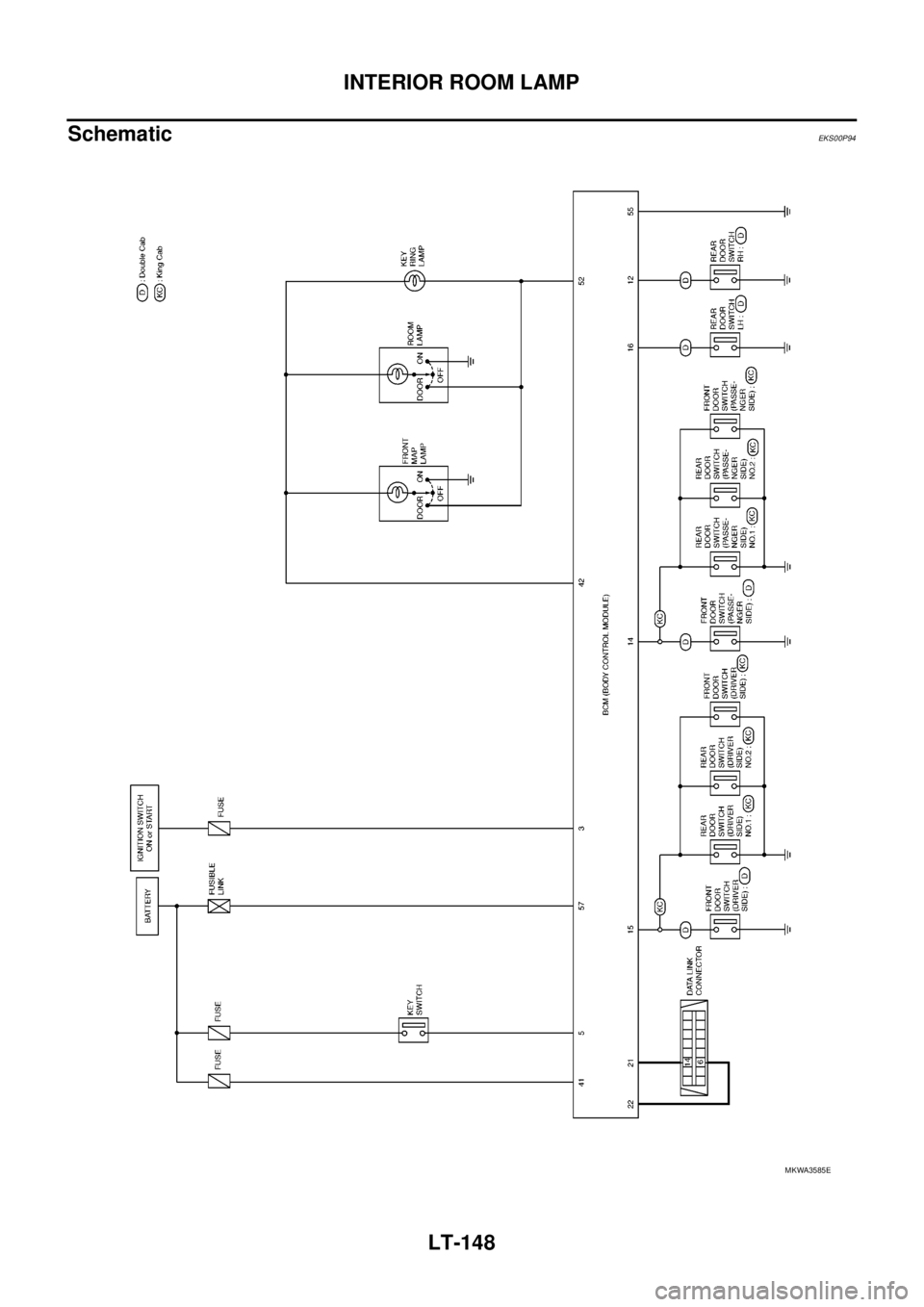 NISSAN NAVARA 2005  Repair Workshop Manual LT-148
INTERIOR ROOM LAMP
Schematic
EKS00P94
MKWA3585E 