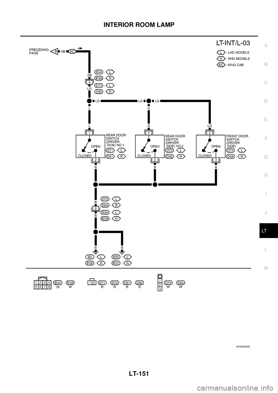 NISSAN NAVARA 2005  Repair Workshop Manual INTERIOR ROOM LAMP
LT-151
C
D
E
F
G
H
I
J
L
MA
B
LT
MKWA3890E 