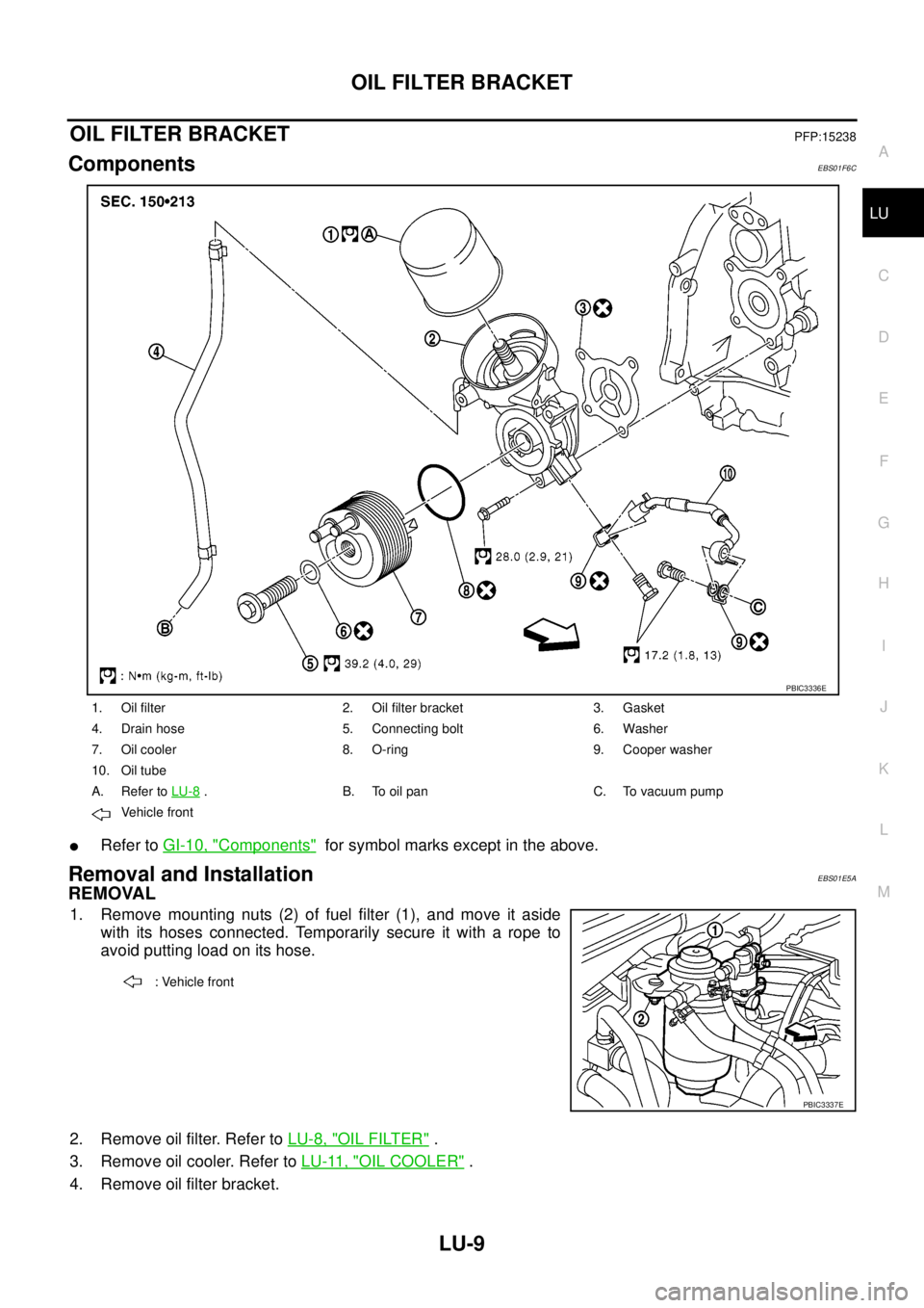 NISSAN NAVARA 2005 Repair Workshop Manual OIL FILTER BRACKET
LU-9
C
D
E
F
G
H
I
J
K
L
MA
LU
OIL FILTER BRACKETPFP:15238
ComponentsEBS01F6C
lRefer toGI-10, "Components"for symbol marks except in the above.
Removal and InstallationEBS01E5A
REMO NISSAN NAVARA 2005 Repair Workshop Manual OIL FILTER BRACKET
LU-9
C
D
E
F
G
H
I
J
K
L
MA
LU
OIL FILTER BRACKETPFP:15238
ComponentsEBS01F6C
lRefer toGI-10, "Components"for symbol marks except in the above.
Removal and InstallationEBS01E5A
REMO