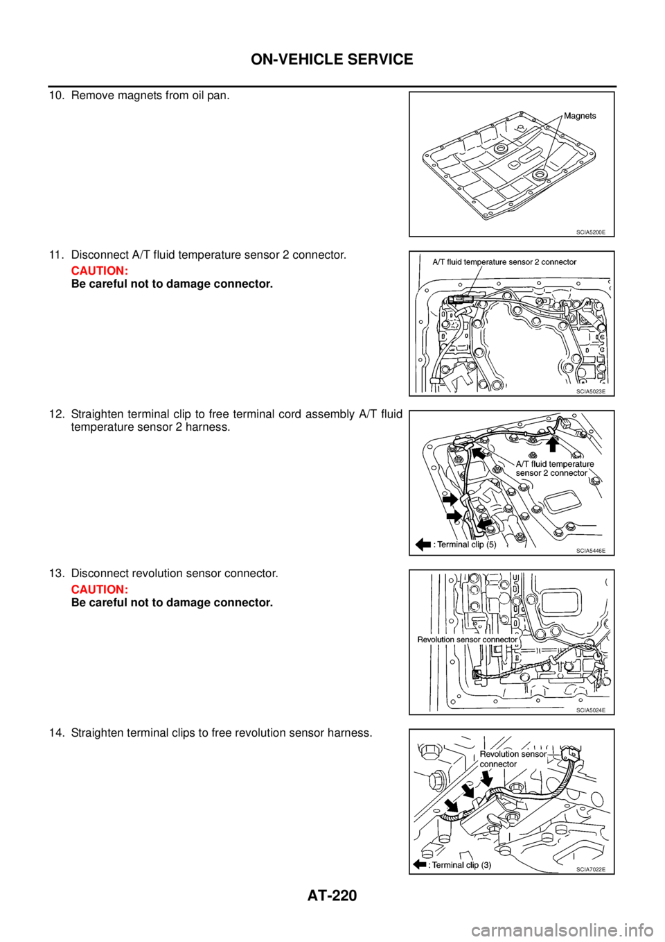 NISSAN NAVARA 2005 Repair Workshop Manual AT-220
ON-VEHICLE SERVICE
10. Remove magnets from oil pan.
11. Disconnect A/T fluid temperature sensor 2 connector.
CAUTION:
Be careful not to damage connector.
12. Straighten terminal clip to free te NISSAN NAVARA 2005 Repair Workshop Manual AT-220
ON-VEHICLE SERVICE
10. Remove magnets from oil pan.
11. Disconnect A/T fluid temperature sensor 2 connector.
CAUTION:
Be careful not to damage connector.
12. Straighten terminal clip to free te