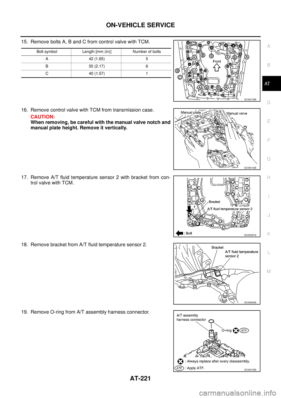 NISSAN NAVARA 2005 Repair Workshop Manual ON-VEHICLE SERVICE
AT-221
D
E
F
G
H
I
J
K
L
MA
B
AT
15. Remove bolts A, B and C from control valve with TCM.
16. Remove control valve with TCM from transmission case.
CAUTION:
When removing, be carefu NISSAN NAVARA 2005 Repair Workshop Manual ON-VEHICLE SERVICE
AT-221
D
E
F
G
H
I
J
K
L
MA
B
AT
15. Remove bolts A, B and C from control valve with TCM.
16. Remove control valve with TCM from transmission case.
CAUTION:
When removing, be carefu