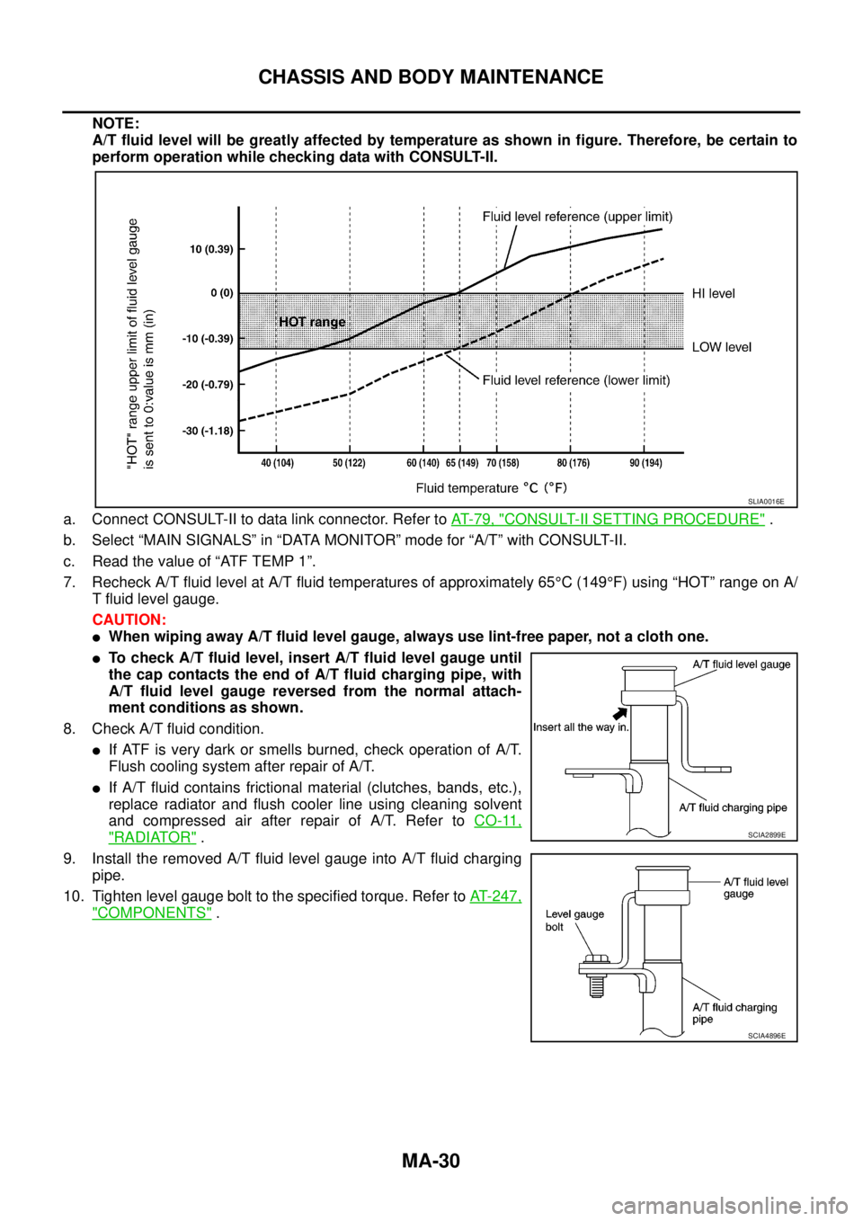 NISSAN NAVARA 2005  Repair Workshop Manual MA-30
CHASSIS AND BODY MAINTENANCE
NOTE:
A/T fluid level will be greatly affected by temperature as shown in figure. Therefore, be certain to
perform operation while checking data with CONSULT-II.
a. 