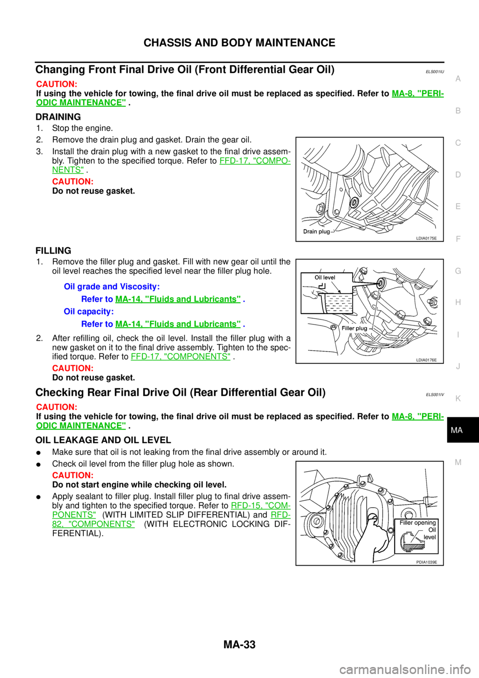 NISSAN NAVARA 2005  Repair Workshop Manual CHASSIS AND BODY MAINTENANCE
MA-33
C
D
E
F
G
H
I
J
K
MA
B
MA
Changing Front Final Drive Oil (Front Differential Gear Oil)ELS001IU
CAUTION:
If using the vehicle for towing, the final drive oil must be 