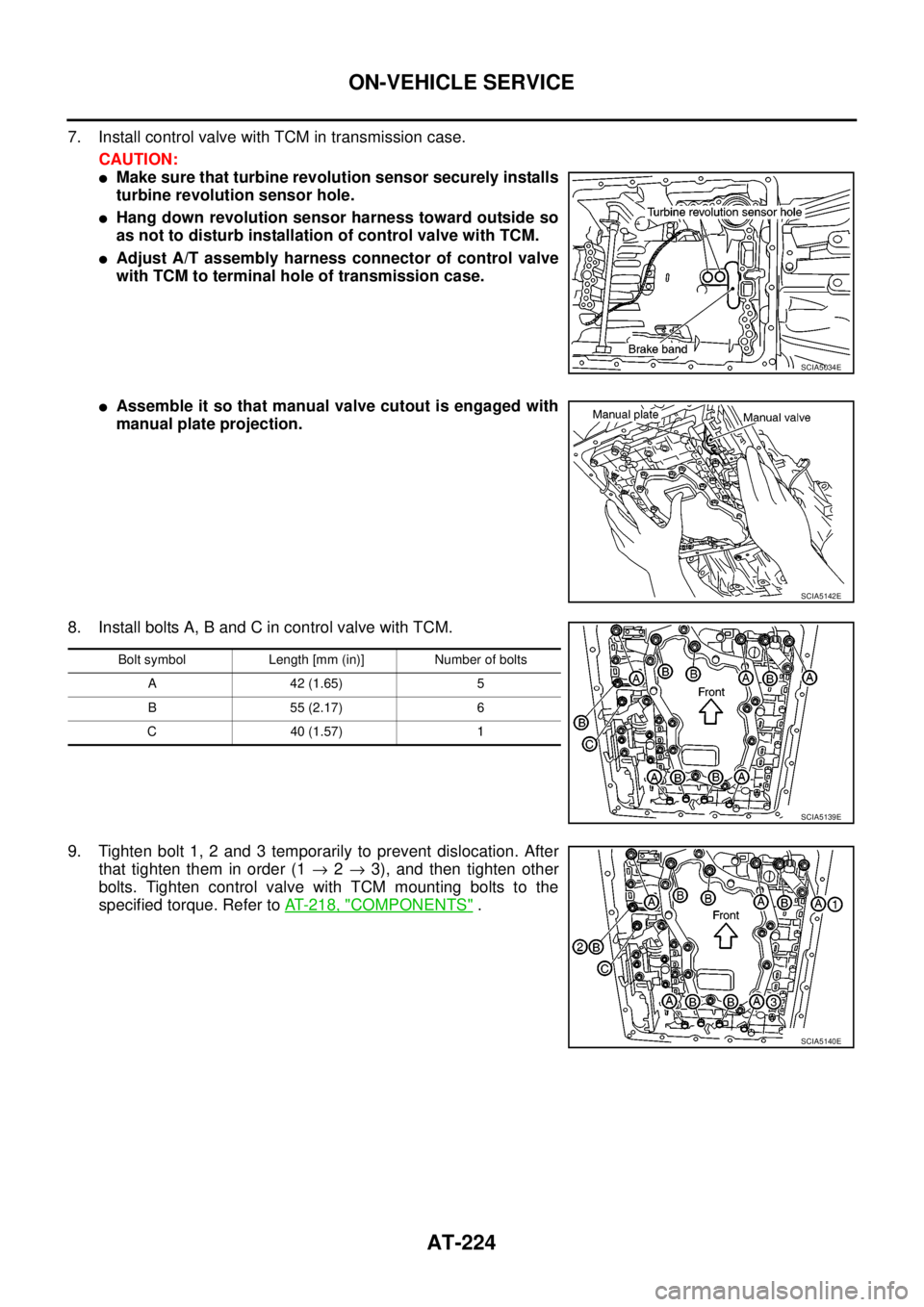 NISSAN NAVARA 2005 Repair Workshop Manual AT-224
ON-VEHICLE SERVICE
7. Install control valve with TCM in transmission case.
CAUTION:
lMake sure that turbine revolution sensor securely installs
turbine revolution sensor hole.
lHang down revolu NISSAN NAVARA 2005 Repair Workshop Manual AT-224
ON-VEHICLE SERVICE
7. Install control valve with TCM in transmission case.
CAUTION:
lMake sure that turbine revolution sensor securely installs
turbine revolution sensor hole.
lHang down revolu