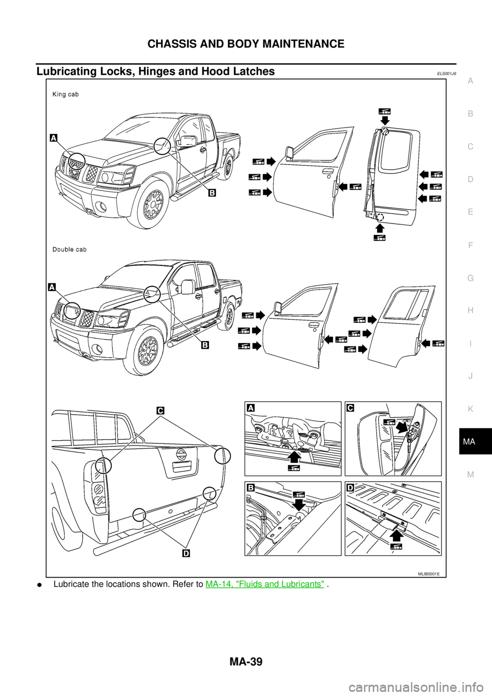NISSAN NAVARA 2005 Repair Workshop Manual CHASSIS AND BODY MAINTENANCE
MA-39
C
D
E
F
G
H
I
J
K
MA
B
MA
Lubricating Locks, Hinges and Hood LatchesELS001J6
lLubricate the locations shown. Refer toMA-14, "Fluids and Lubricants".
MLIB0001E NISSAN NAVARA 2005 Repair Workshop Manual CHASSIS AND BODY MAINTENANCE
MA-39
C
D
E
F
G
H
I
J
K
MA
B
MA
Lubricating Locks, Hinges and Hood LatchesELS001J6
lLubricate the locations shown. Refer toMA-14, "Fluids and Lubricants".
MLIB0001E