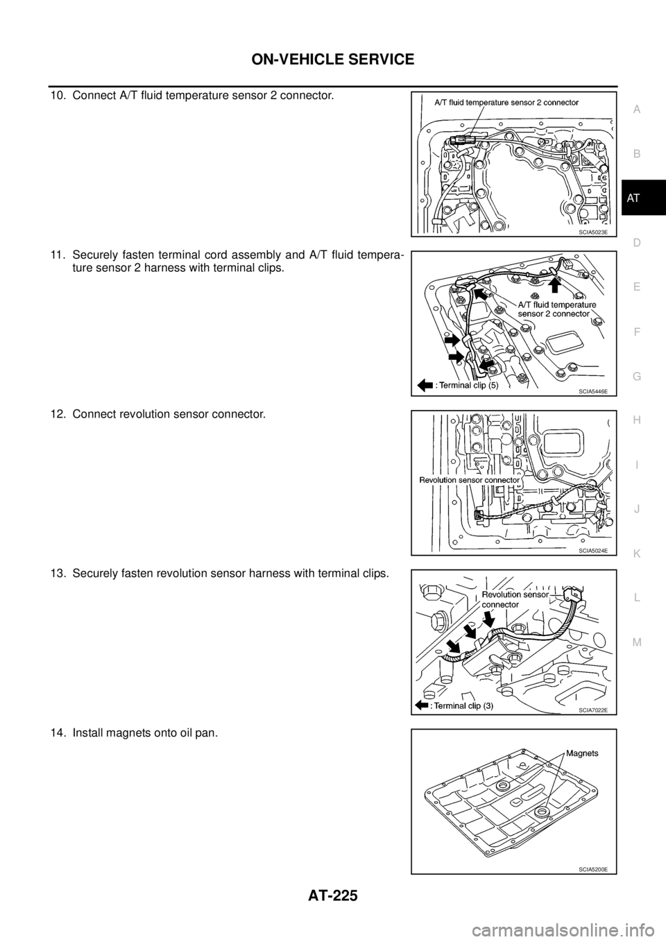 NISSAN NAVARA 2005 Repair Workshop Manual ON-VEHICLE SERVICE
AT-225
D
E
F
G
H
I
J
K
L
MA
B
AT
10. Connect A/T fluid temperature sensor 2 connector.
11. Securely fasten terminal cord assembly and A/T fluid tempera-
ture sensor 2 harness with t NISSAN NAVARA 2005 Repair Workshop Manual ON-VEHICLE SERVICE
AT-225
D
E
F
G
H
I
J
K
L
MA
B
AT
10. Connect A/T fluid temperature sensor 2 connector.
11. Securely fasten terminal cord assembly and A/T fluid tempera-
ture sensor 2 harness with t