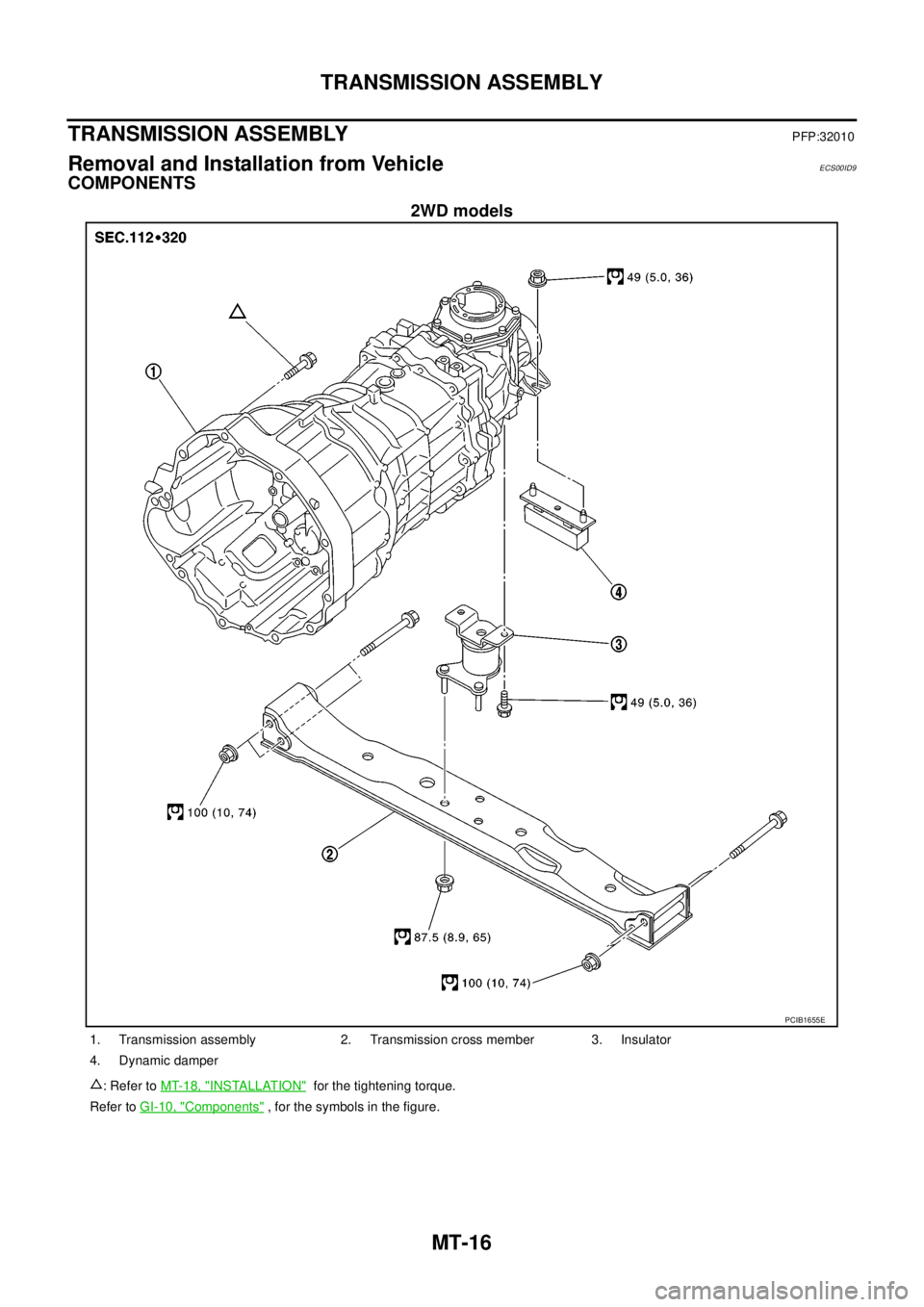 NISSAN NAVARA 2005 Repair Workshop Manual MT-16
TRANSMISSION ASSEMBLY
TRANSMISSION ASSEMBLY
PFP:32010
Removal and Installation from VehicleECS00ID9
COMPONENTS
2WD models
PCIB1655E
1. Transmission assembly 2. Transmission cross member 3. Insul NISSAN NAVARA 2005 Repair Workshop Manual MT-16
TRANSMISSION ASSEMBLY
TRANSMISSION ASSEMBLY
PFP:32010
Removal and Installation from VehicleECS00ID9
COMPONENTS
2WD models
PCIB1655E
1. Transmission assembly 2. Transmission cross member 3. Insul
