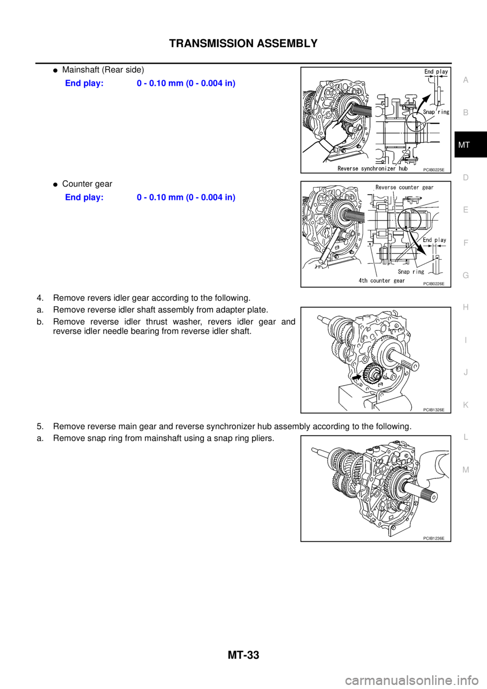 NISSAN NAVARA 2005  Repair Workshop Manual TRANSMISSION ASSEMBLY
MT-33
D
E
F
G
H
I
J
K
L
MA
B
MT
lMainshaft (Rear side)
lCounter gear
4. Remove revers idler gear according to the following.
a. Remove reverse idler shaft assembly from adapter p