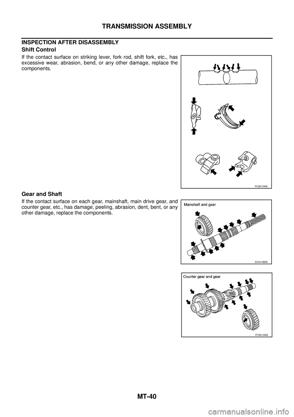 NISSAN NAVARA 2005  Repair Workshop Manual MT-40
TRANSMISSION ASSEMBLY
INSPECTION AFTER DISASSEMBLY
Shift Control
If the contact surface on striking lever, fork rod, shift fork, etc., has
excessive wear, abrasion, bend, or any other damage, re