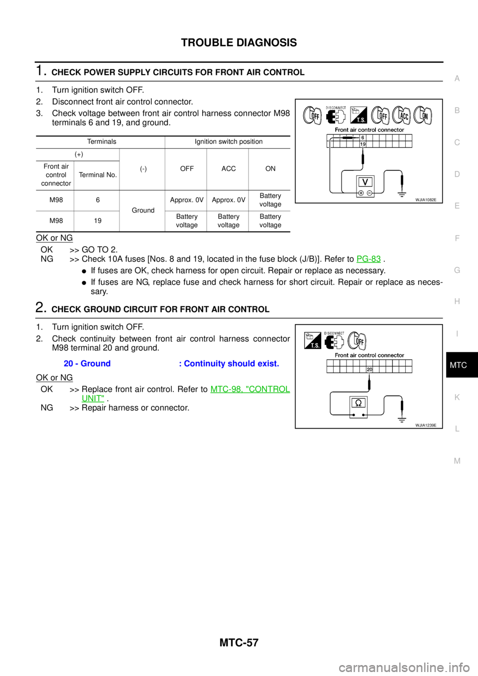 NISSAN NAVARA 2005 Repair Workshop Manual TROUBLE DIAGNOSIS
MTC-57
C
D
E
F
G
H
I
K
L
MA
B
MTC
1.CHECK POWER SUPPLY CIRCUITS FOR FRONT AIR CONTROL
1. Turn ignition switch OFF.
2. Disconnect front air control connector.
3. Check voltage between NISSAN NAVARA 2005 Repair Workshop Manual TROUBLE DIAGNOSIS
MTC-57
C
D
E
F
G
H
I
K
L
MA
B
MTC
1.CHECK POWER SUPPLY CIRCUITS FOR FRONT AIR CONTROL
1. Turn ignition switch OFF.
2. Disconnect front air control connector.
3. Check voltage between