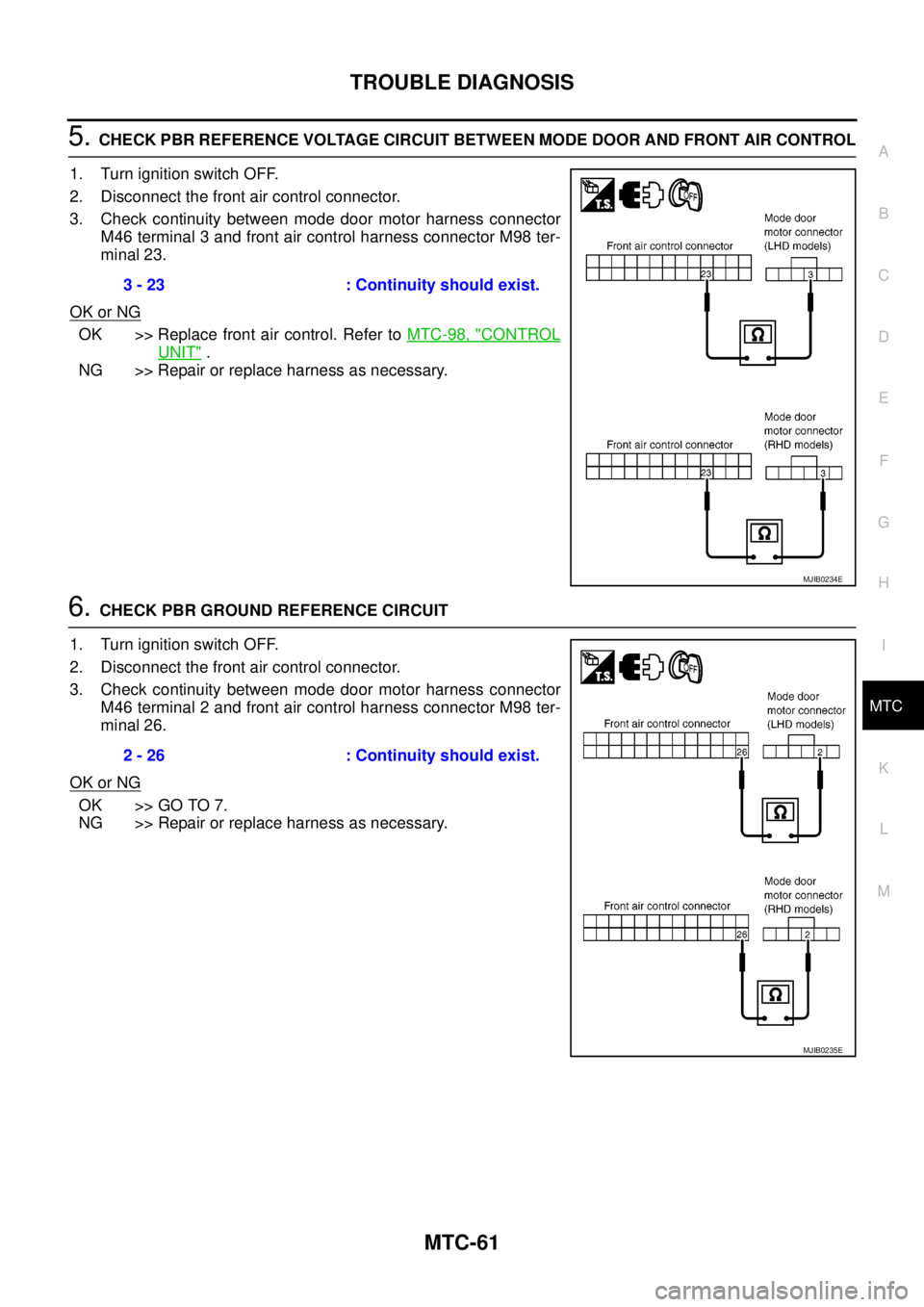 NISSAN NAVARA 2005 Repair Workshop Manual TROUBLE DIAGNOSIS
MTC-61
C
D
E
F
G
H
I
K
L
MA
B
MTC
5.CHECK PBR REFERENCE VOLTAGE CIRCUIT BETWEEN MODE DOOR AND FRONT AIR CONTROL
1. Turn ignition switch OFF.
2. Disconnect the front air control conne NISSAN NAVARA 2005 Repair Workshop Manual TROUBLE DIAGNOSIS
MTC-61
C
D
E
F
G
H
I
K
L
MA
B
MTC
5.CHECK PBR REFERENCE VOLTAGE CIRCUIT BETWEEN MODE DOOR AND FRONT AIR CONTROL
1. Turn ignition switch OFF.
2. Disconnect the front air control conne