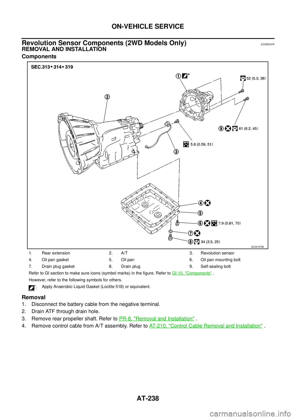 NISSAN NAVARA 2005 Repair Workshop Manual AT-238
ON-VEHICLE SERVICE
Revolution Sensor Components (2WD Models Only)
ECS00GVN
REMOVAL AND INSTALLATION
Components
Removal
1. Disconnect the battery cable from the negative terminal.
2. Drain ATF t NISSAN NAVARA 2005 Repair Workshop Manual AT-238
ON-VEHICLE SERVICE
Revolution Sensor Components (2WD Models Only)
ECS00GVN
REMOVAL AND INSTALLATION
Components
Removal
1. Disconnect the battery cable from the negative terminal.
2. Drain ATF t