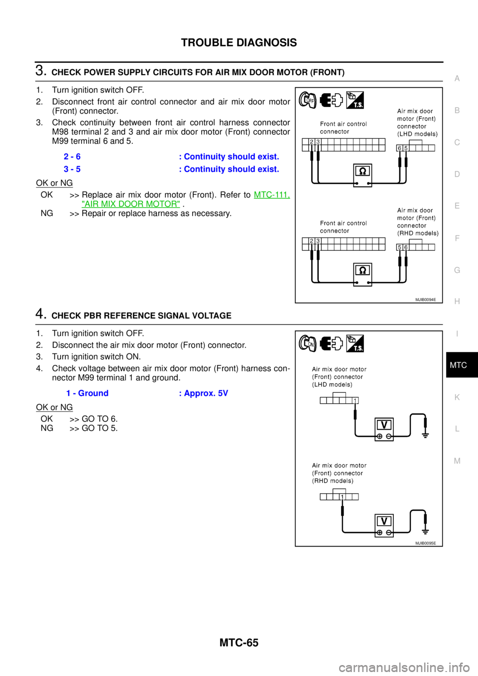 NISSAN NAVARA 2005 Repair Workshop Manual TROUBLE DIAGNOSIS
MTC-65
C
D
E
F
G
H
I
K
L
MA
B
MTC
3.CHECK POWER SUPPLY CIRCUITS FOR AIR MIX DOOR MOTOR (FRONT)
1. Turn ignition switch OFF.
2. Disconnect front air control connector and air mix door NISSAN NAVARA 2005 Repair Workshop Manual TROUBLE DIAGNOSIS
MTC-65
C
D
E
F
G
H
I
K
L
MA
B
MTC
3.CHECK POWER SUPPLY CIRCUITS FOR AIR MIX DOOR MOTOR (FRONT)
1. Turn ignition switch OFF.
2. Disconnect front air control connector and air mix door