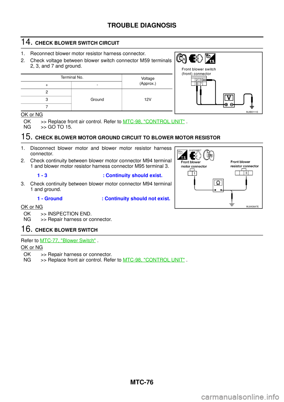 NISSAN NAVARA 2005  Repair Workshop Manual MTC-76
TROUBLE DIAGNOSIS
14.CHECK BLOWER SWITCH CIRCUIT
1. Reconnect blower motor resistor harness connector.
2. Check voltage between blower switch connector M59 terminals
2, 3, and 7 and ground.
OK 