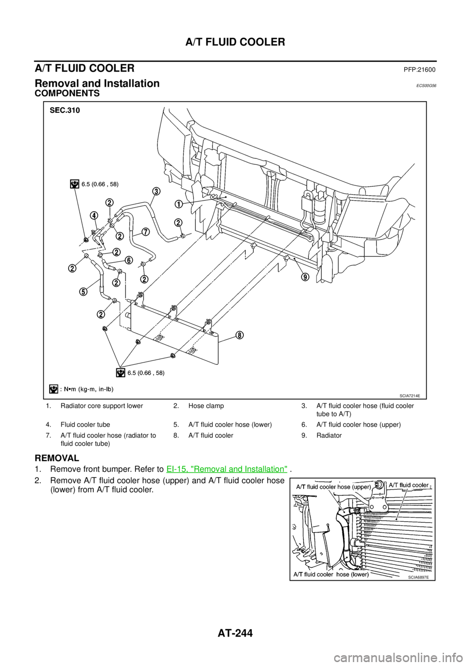 NISSAN NAVARA 2005 Repair Workshop Manual AT-244
A/T FLUID COOLER
A/T FLUID COOLER
PFP:21600
Removal and InstallationECS00G56
COMPONENTS
REMOVAL
1. Remove front bumper. Refer toEI-15, "Removal and Installation".
2. Remove A/T fluid cooler hos NISSAN NAVARA 2005 Repair Workshop Manual AT-244
A/T FLUID COOLER
A/T FLUID COOLER
PFP:21600
Removal and InstallationECS00G56
COMPONENTS
REMOVAL
1. Remove front bumper. Refer toEI-15, "Removal and Installation".
2. Remove A/T fluid cooler hos