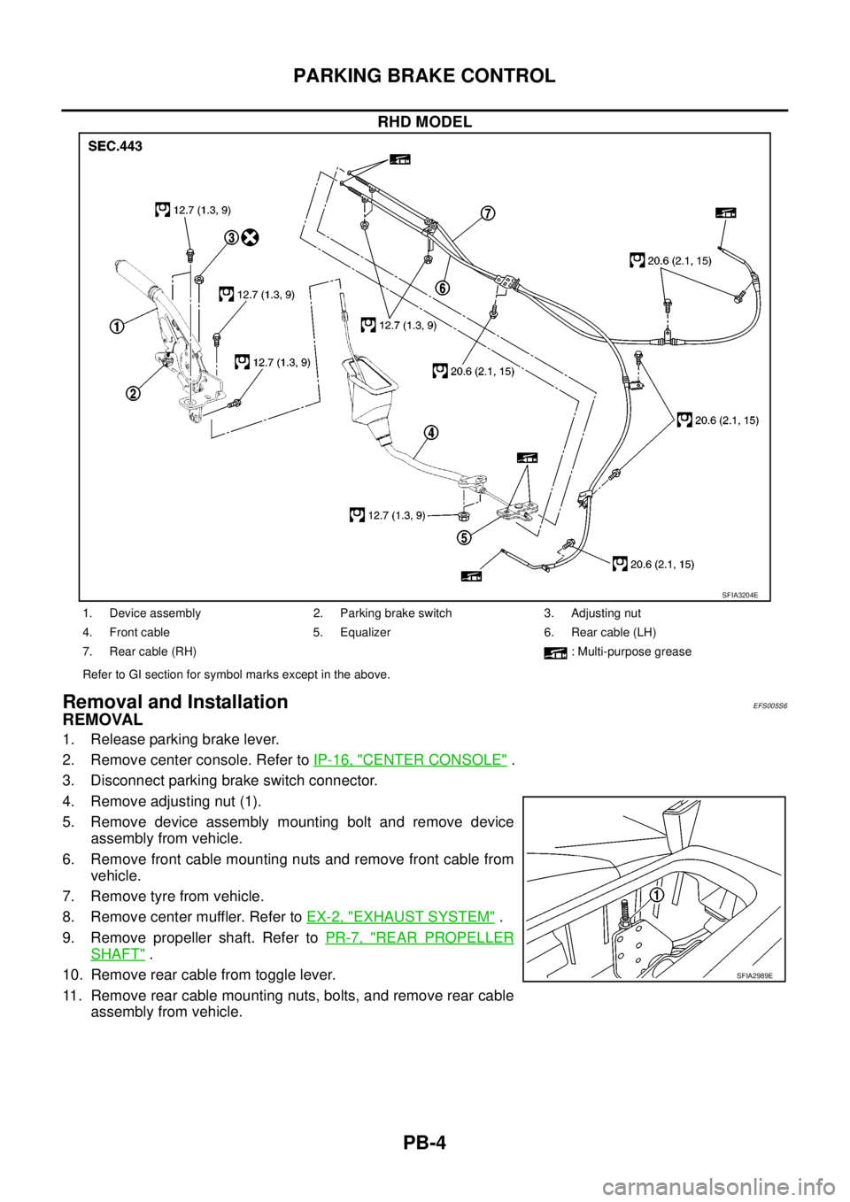 NISSAN NAVARA 2005  Repair Workshop Manual PB-4
PARKING BRAKE CONTROL
RHD MODEL
Removal and InstallationEFS005S6
REMOVAL
1. Release parking brake lever.
2. Remove center console. Refer toIP-16, "
CENTER CONSOLE".
3. Disconnect parking brake sw