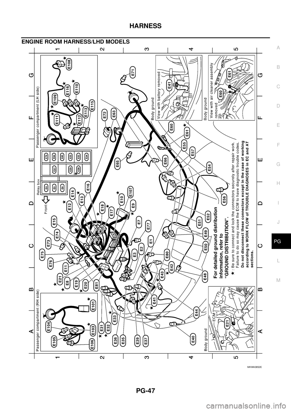 NISSAN NAVARA 2005 Repair Workshop Manual HARNESS
PG-47
C
D
E
F
G
H
I
J
L
MA
B
PG
ENGINE ROOM HARNESS/LHD MODELS
MKWA3852E NISSAN NAVARA 2005 Repair Workshop Manual HARNESS
PG-47
C
D
E
F
G
H
I
J
L
MA
B
PG
ENGINE ROOM HARNESS/LHD MODELS
MKWA3852E