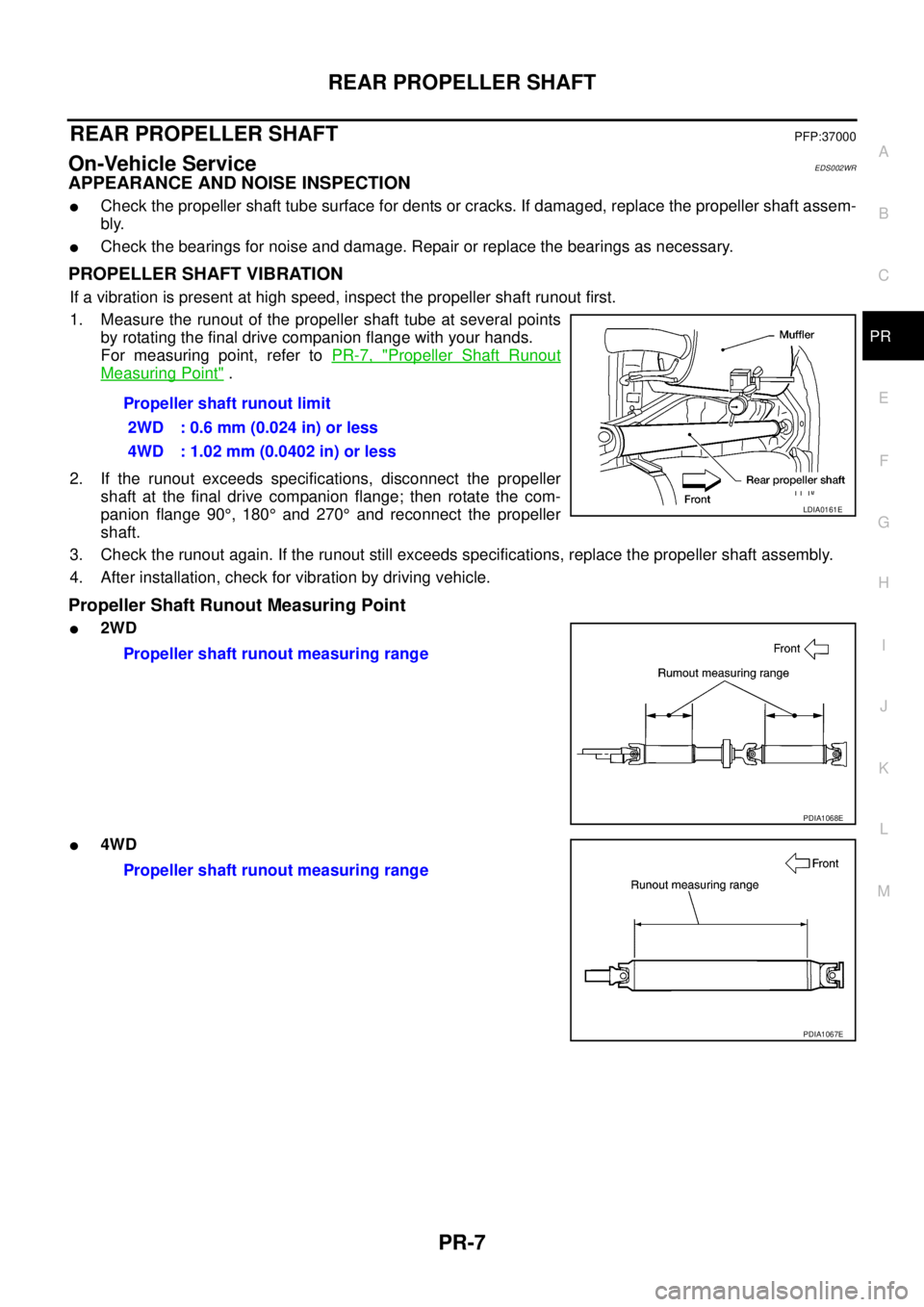 NISSAN NAVARA 2005 Repair Workshop Manual REAR PROPELLER SHAFT
PR-7
C
E
F
G
H
I
J
K
L
MA
B
PR
REAR PROPELLER SHAFTPFP:37000
On-Vehicle ServiceEDS002WR
APPEARANCE AND NOISE INSPECTION
lCheck the propeller shaft tube surface for dents or cracks NISSAN NAVARA 2005 Repair Workshop Manual REAR PROPELLER SHAFT
PR-7
C
E
F
G
H
I
J
K
L
MA
B
PR
REAR PROPELLER SHAFTPFP:37000
On-Vehicle ServiceEDS002WR
APPEARANCE AND NOISE INSPECTION
lCheck the propeller shaft tube surface for dents or cracks