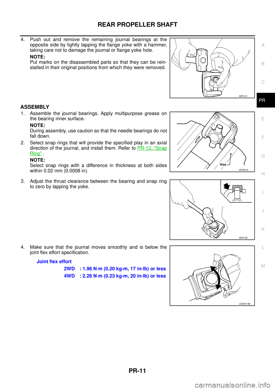 NISSAN NAVARA 2005 Repair Workshop Manual REAR PROPELLER SHAFT
PR-11
C
E
F
G
H
I
J
K
L
MA
B
PR
4. Push out and remove the remaining journal bearings at the
opposite side by lightly tapping the flange yoke with a hammer,
taking care not to dam NISSAN NAVARA 2005 Repair Workshop Manual REAR PROPELLER SHAFT
PR-11
C
E
F
G
H
I
J
K
L
MA
B
PR
4. Push out and remove the remaining journal bearings at the
opposite side by lightly tapping the flange yoke with a hammer,
taking care not to dam