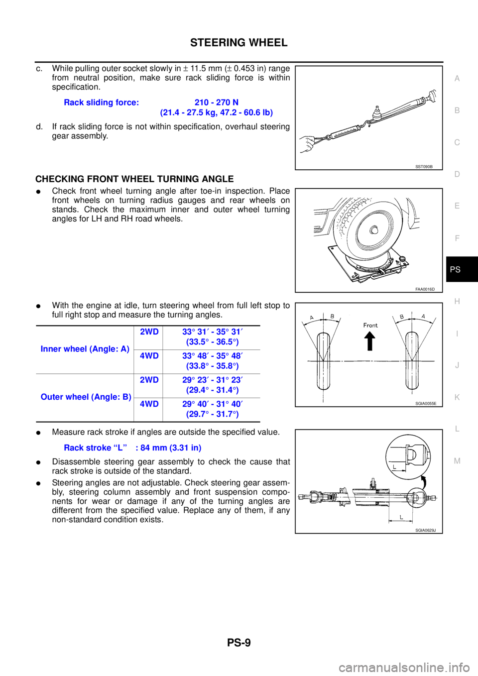 NISSAN NAVARA 2005 Repair Workshop Manual STEERING WHEEL
PS-9
C
D
E
F
H
I
J
K
L
MA
B
PS
c. While pulling outer socket slowly in±11 . 5 m m (±0.453 in) range
from neutral position, make sure rack sliding force is within
specification.
d. If NISSAN NAVARA 2005 Repair Workshop Manual STEERING WHEEL
PS-9
C
D
E
F
H
I
J
K
L
MA
B
PS
c. While pulling outer socket slowly in±11 . 5 m m (±0.453 in) range
from neutral position, make sure rack sliding force is within
specification.
d. If
