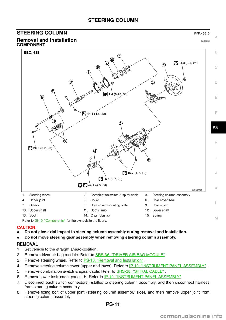 NISSAN NAVARA 2005 Repair Workshop Manual STEERING COLUMN
PS-11
C
D
E
F
H
I
J
K
L
MA
B
PS
STEERING COLUMNPFP:48810
Removal and InstallationEGS001LI
COMPONENT
CAUTION:
lDo not give axial impact to steering column assembly during removal and in NISSAN NAVARA 2005 Repair Workshop Manual STEERING COLUMN
PS-11
C
D
E
F
H
I
J
K
L
MA
B
PS
STEERING COLUMNPFP:48810
Removal and InstallationEGS001LI
COMPONENT
CAUTION:
lDo not give axial impact to steering column assembly during removal and in