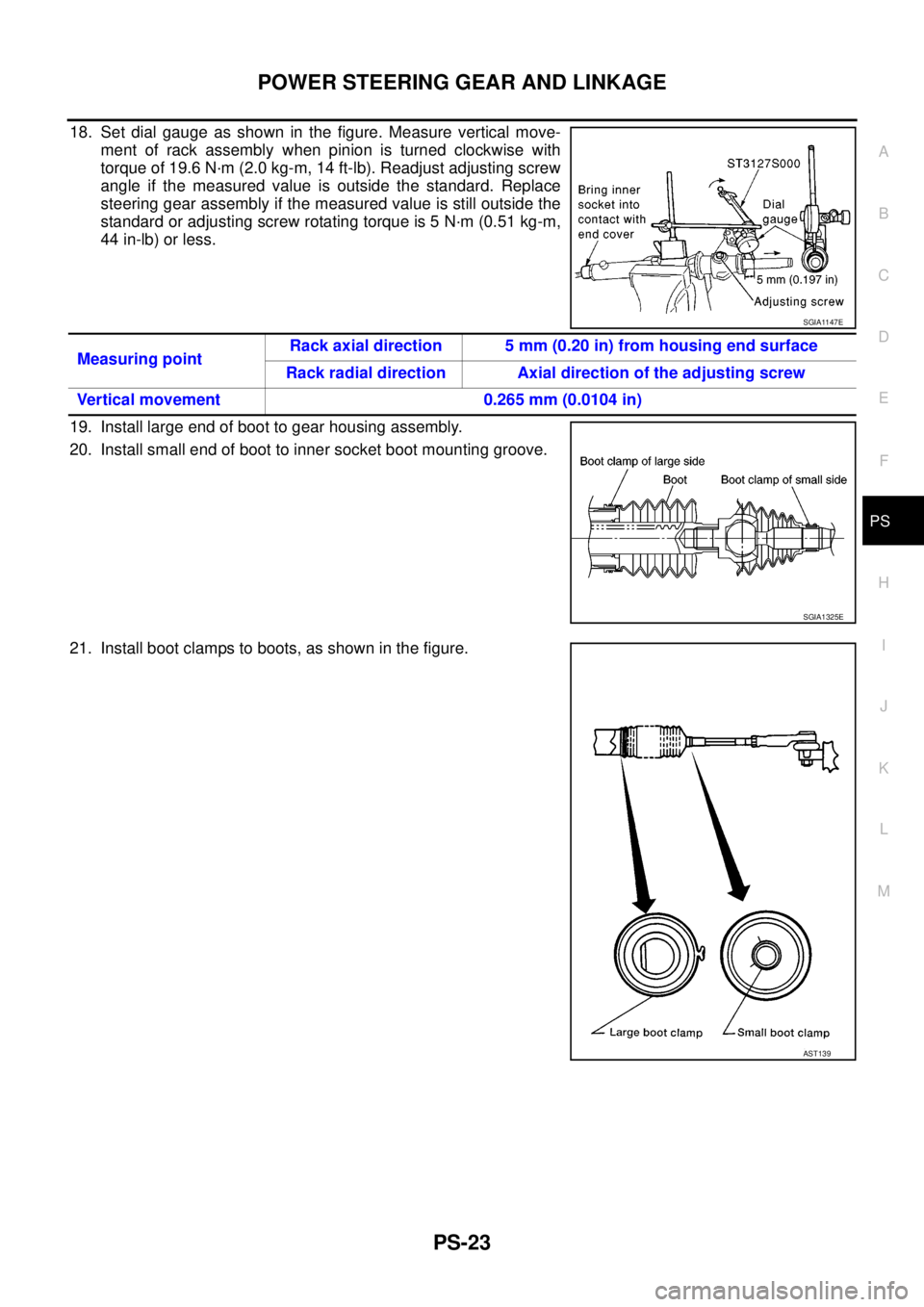 NISSAN NAVARA 2005 Repair Workshop Manual POWER STEERING GEAR AND LINKAGE
PS-23
C
D
E
F
H
I
J
K
L
MA
B
PS
18. Set dial gauge as shown in the figure. Measure vertical move-
ment of rack assembly when pinion is turned clockwise with
torque of 1 NISSAN NAVARA 2005 Repair Workshop Manual POWER STEERING GEAR AND LINKAGE
PS-23
C
D
E
F
H
I
J
K
L
MA
B
PS
18. Set dial gauge as shown in the figure. Measure vertical move-
ment of rack assembly when pinion is turned clockwise with
torque of 1