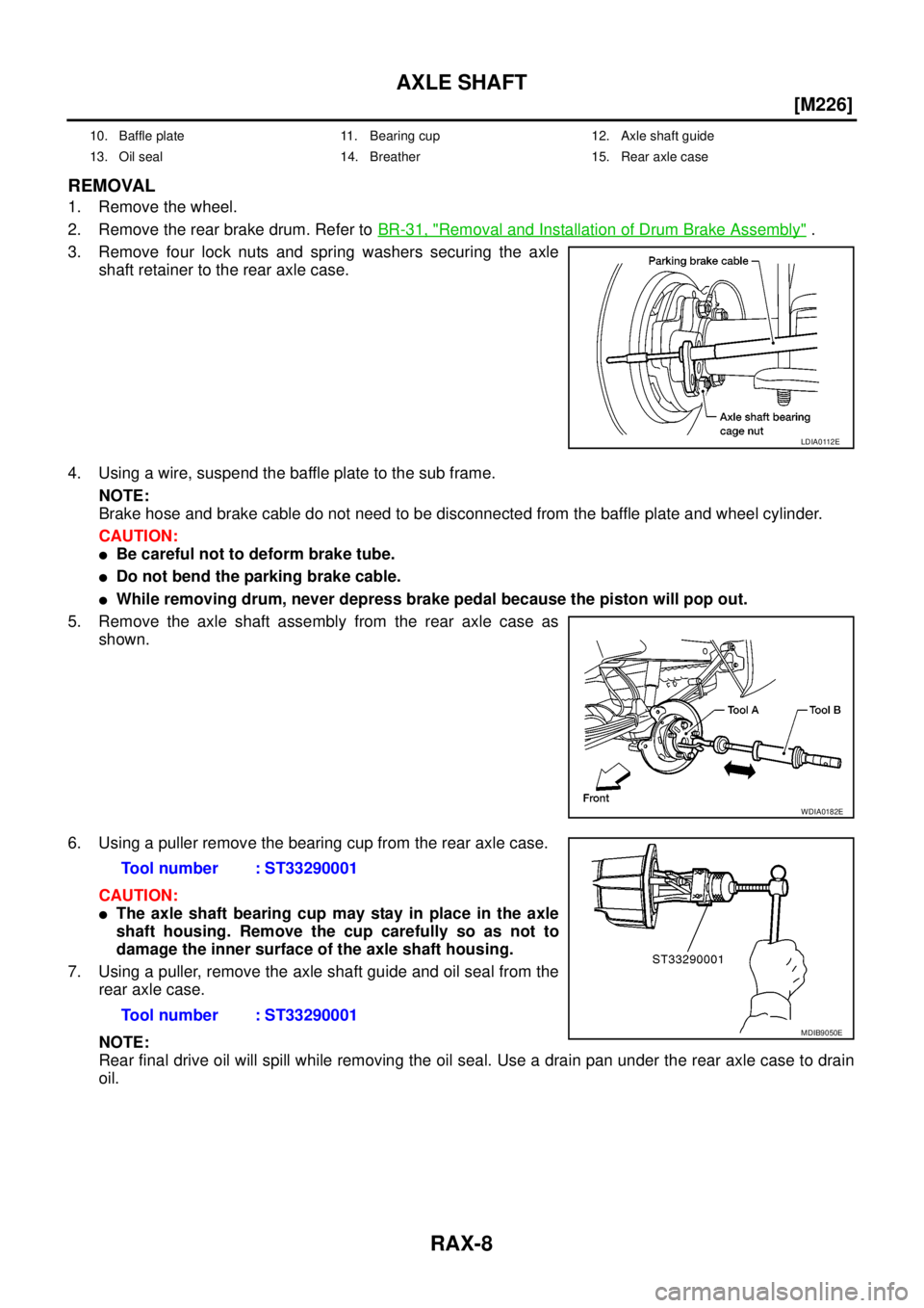 NISSAN NAVARA 2005  Repair Workshop Manual RAX-8
[M226]
AXLE SHAFT
REMOVAL
1. Remove the wheel.
2. Remove the rear brake drum. Refer toBR-31, "
Removal and Installation of Drum Brake Assembly".
3. Remove four lock nuts and spring washers secur