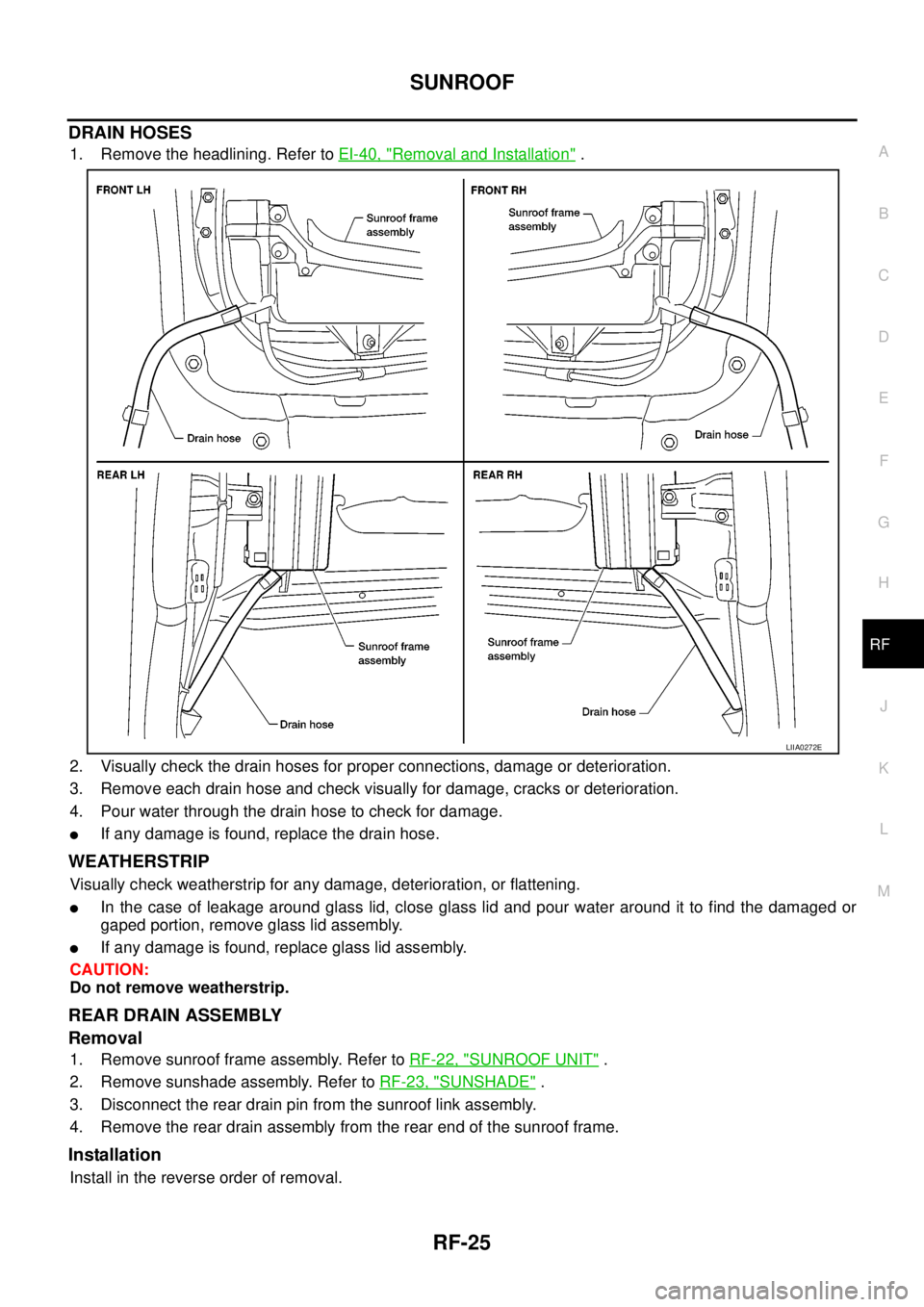 NISSAN NAVARA 2005 Repair Workshop Manual SUNROOF
RF-25
C
D
E
F
G
H
J
K
L
MA
B
RF
DRAIN HOSES
1. Remove the headlining. Refer toEI-40, "Removal and Installation".
2. Visually check the drain hoses for proper connections, damage or deteriorati NISSAN NAVARA 2005 Repair Workshop Manual SUNROOF
RF-25
C
D
E
F
G
H
J
K
L
MA
B
RF
DRAIN HOSES
1. Remove the headlining. Refer toEI-40, "Removal and Installation".
2. Visually check the drain hoses for proper connections, damage or deteriorati