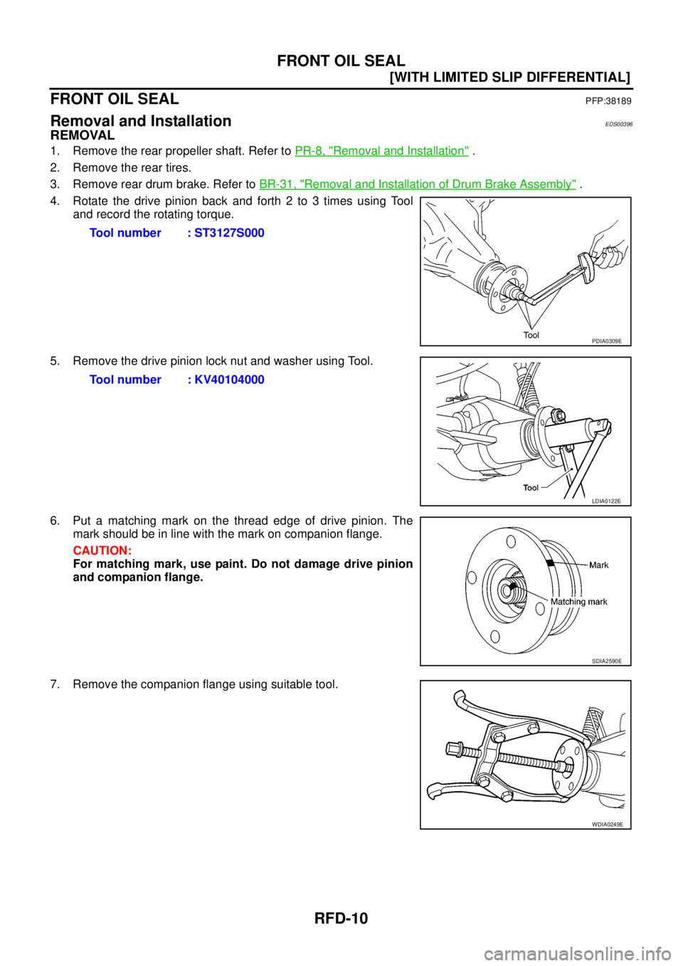 NISSAN NAVARA 2005  Repair Workshop Manual RFD-10
[WITH LIMITED SLIP DIFFERENTIAL]
FRONT OIL SEAL
FRONT OIL SEAL
PFP:38189
Removal and InstallationEDS00396
REMOVAL
1. Remove the rear propeller shaft. Refer toPR-8, "Removal and Installation".
2