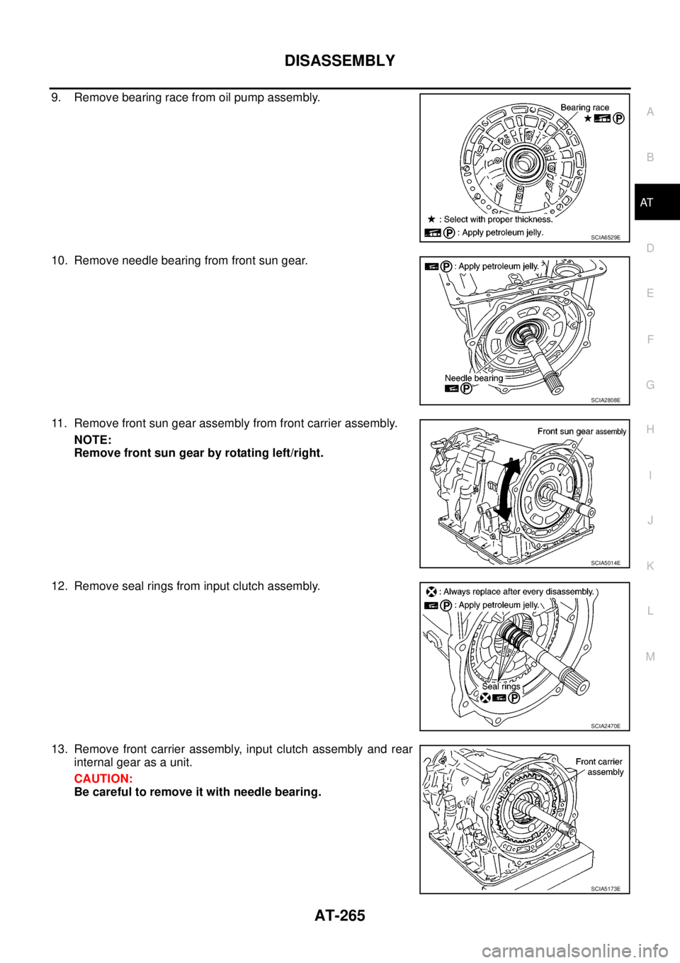 NISSAN NAVARA 2005  Repair Workshop Manual DISASSEMBLY
AT-265
D
E
F
G
H
I
J
K
L
MA
B
AT
9. Remove bearing race from oil pump assembly.
10. Remove needle bearing from front sun gear.
11. Remove front sun gear assembly from front carrier assembl