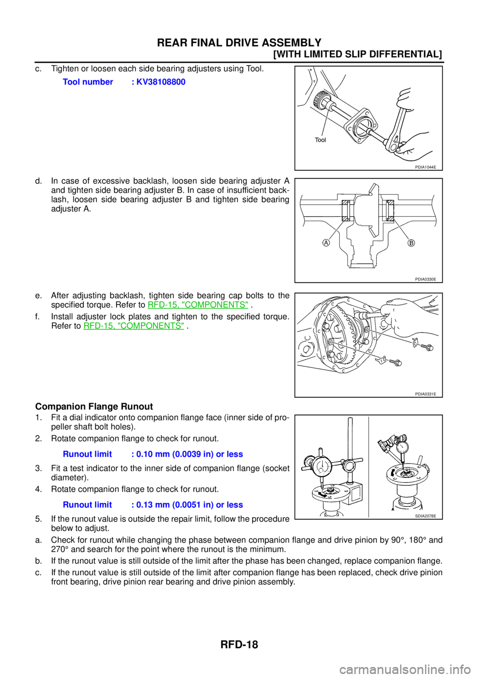 NISSAN NAVARA 2005  Repair Workshop Manual RFD-18
[WITH LIMITED SLIP DIFFERENTIAL]
REAR FINAL DRIVE ASSEMBLY
c. Tighten or loosen each side bearing adjusters using Tool.
d. In case of excessive backlash, loosen side bearing adjuster A
and tigh