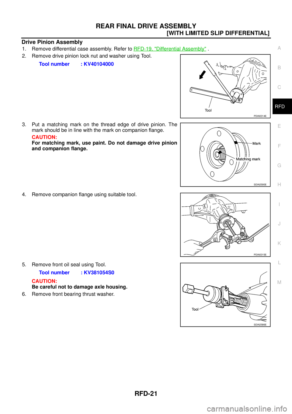 NISSAN NAVARA 2005  Repair Workshop Manual REAR FINAL DRIVE ASSEMBLY
RFD-21
[WITH LIMITED SLIP DIFFERENTIAL]
C
E
F
G
H
I
J
K
L
MA
B
RFD
Drive Pinion Assembly
1. Remove differential case assembly. Refer toRFD-19, "Differential Assembly".
2. Rem