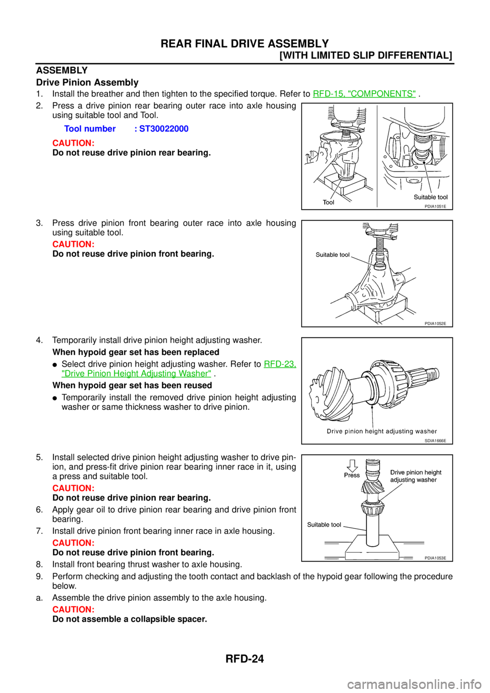NISSAN NAVARA 2005  Repair Workshop Manual RFD-24
[WITH LIMITED SLIP DIFFERENTIAL]
REAR FINAL DRIVE ASSEMBLY
ASSEMBLY
Drive Pinion Assembly
1. Install the breather and then tighten to the specified torque. Refer toRFD-15, "COMPONENTS".
2. Pres