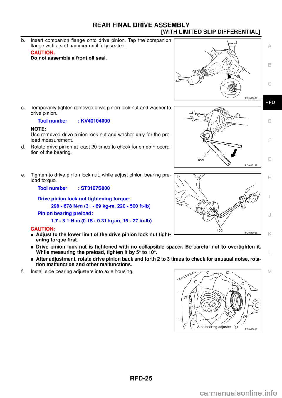 NISSAN NAVARA 2005  Repair Workshop Manual REAR FINAL DRIVE ASSEMBLY
RFD-25
[WITH LIMITED SLIP DIFFERENTIAL]
C
E
F
G
H
I
J
K
L
MA
B
RFD
b. Insert companion flange onto drive pinion. Tap the companion
flange with a soft hammer until fully seate