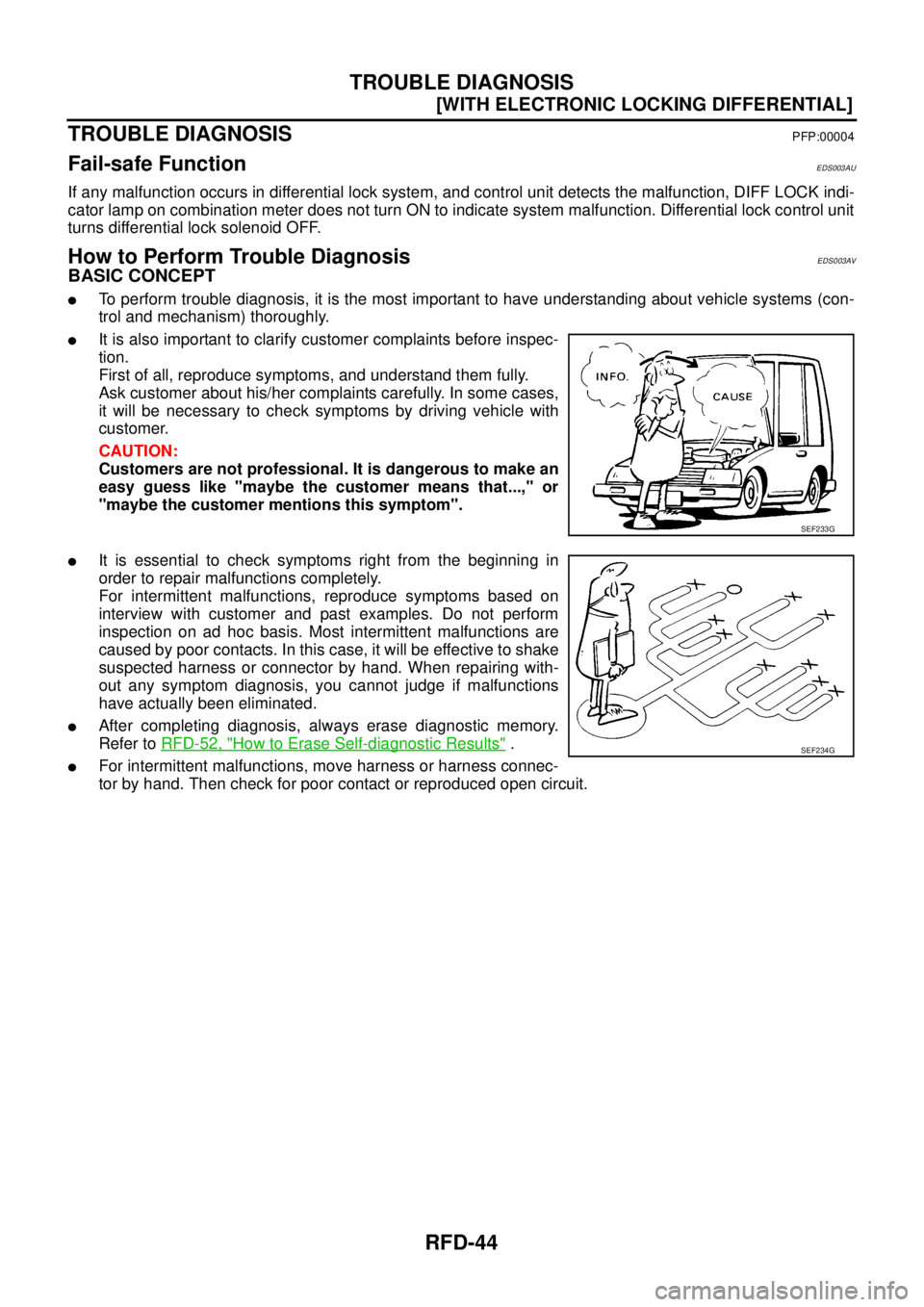 NISSAN NAVARA 2005  Repair Workshop Manual RFD-44
[WITH ELECTRONIC LOCKING DIFFERENTIAL]
TROUBLE DIAGNOSIS
TROUBLE DIAGNOSIS
PFP:00004
Fail-safe FunctionEDS003AU
If any malfunction occurs in differential lock system, and control unit detects t