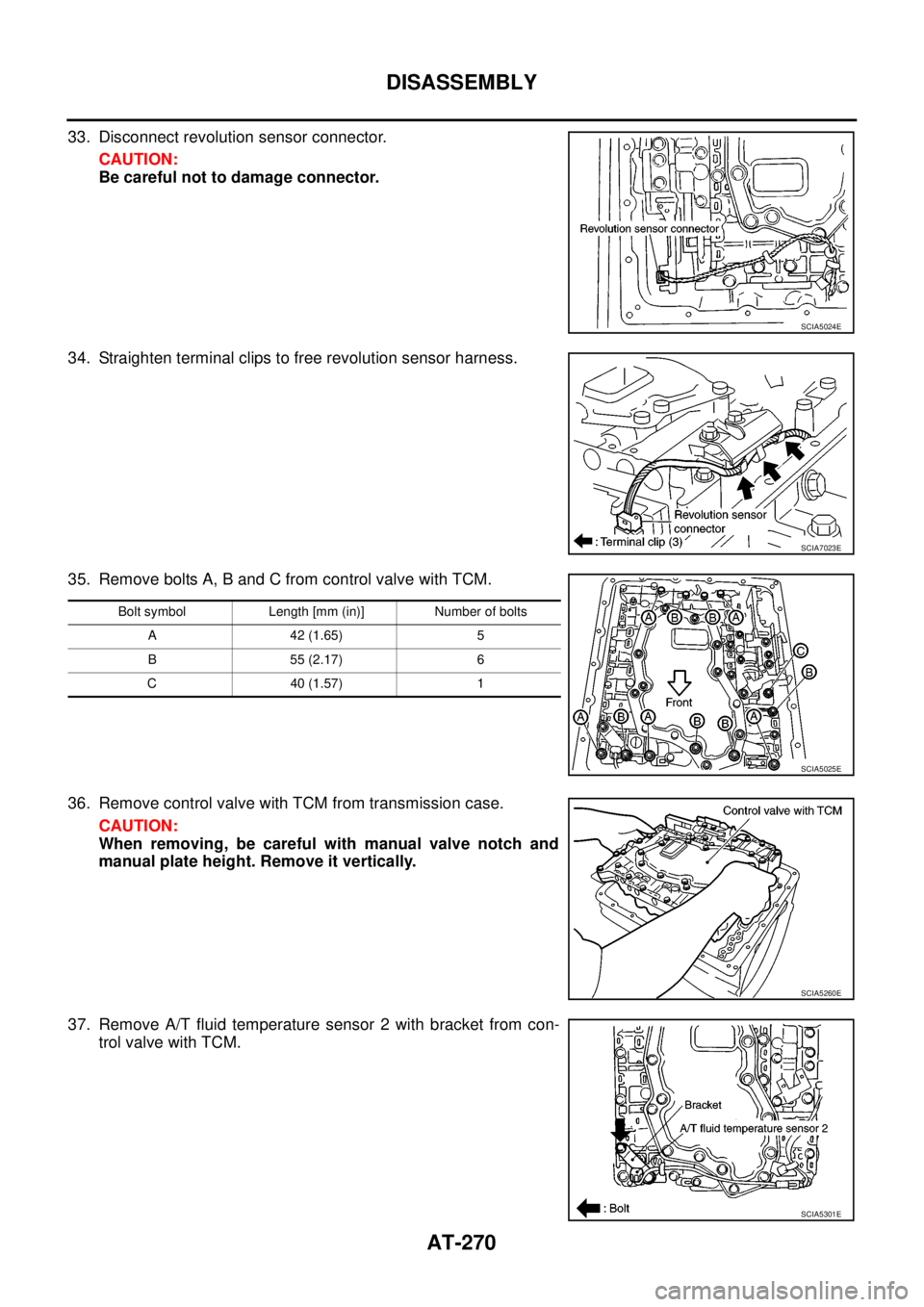 NISSAN NAVARA 2005  Repair Workshop Manual AT-270
DISASSEMBLY
33. Disconnect revolution sensor connector.
CAUTION:
Be careful not to damage connector.
34. Straighten terminal clips to free revolution sensor harness.
35. Remove bolts A, B and C