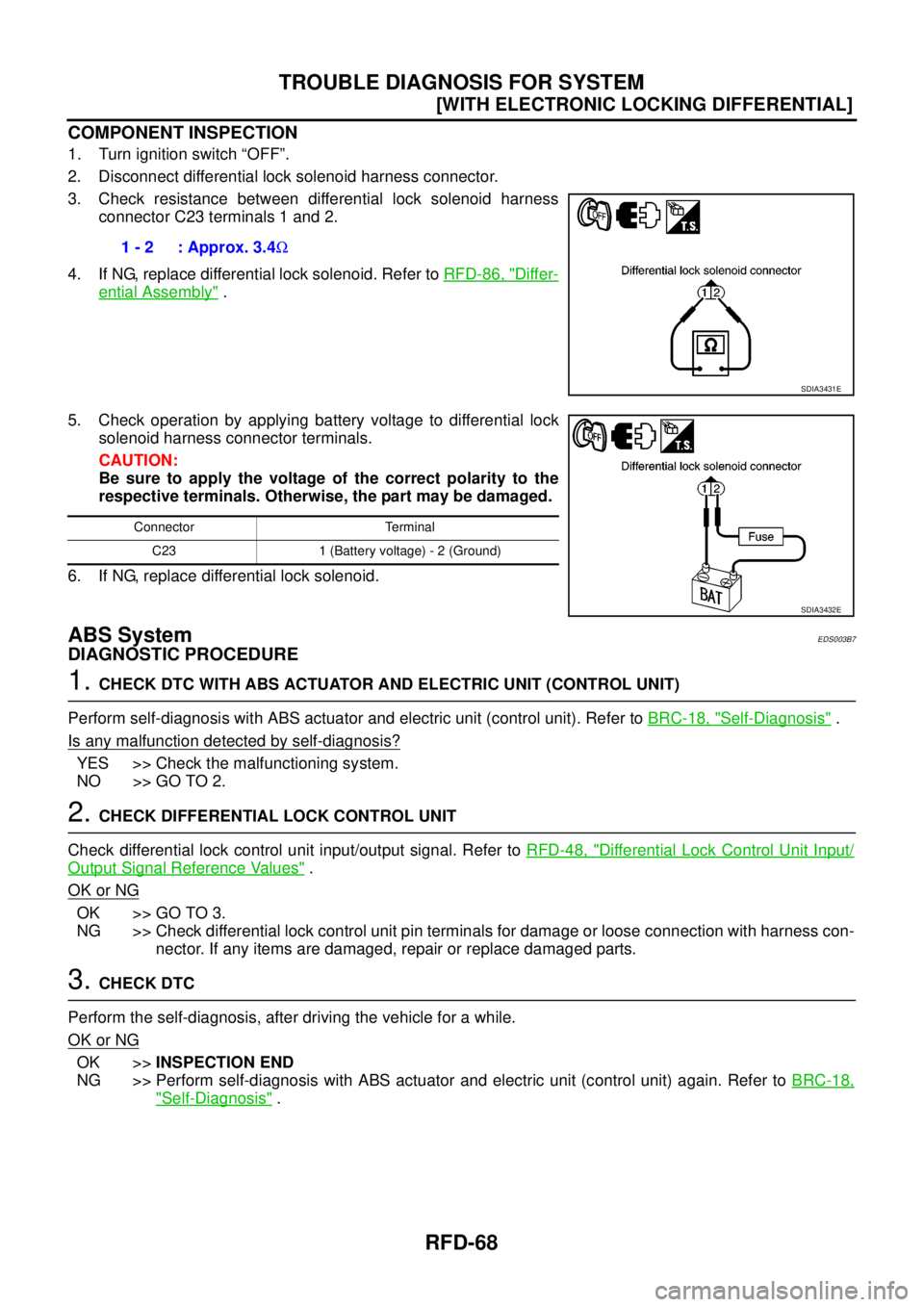 NISSAN NAVARA 2005  Repair Workshop Manual RFD-68
[WITH ELECTRONIC LOCKING DIFFERENTIAL]
TROUBLE DIAGNOSIS FOR SYSTEM
COMPONENT INSPECTION
1. Turn ignition switch “OFF”.
2. Disconnect differential lock solenoid harness connector.
3. Check 