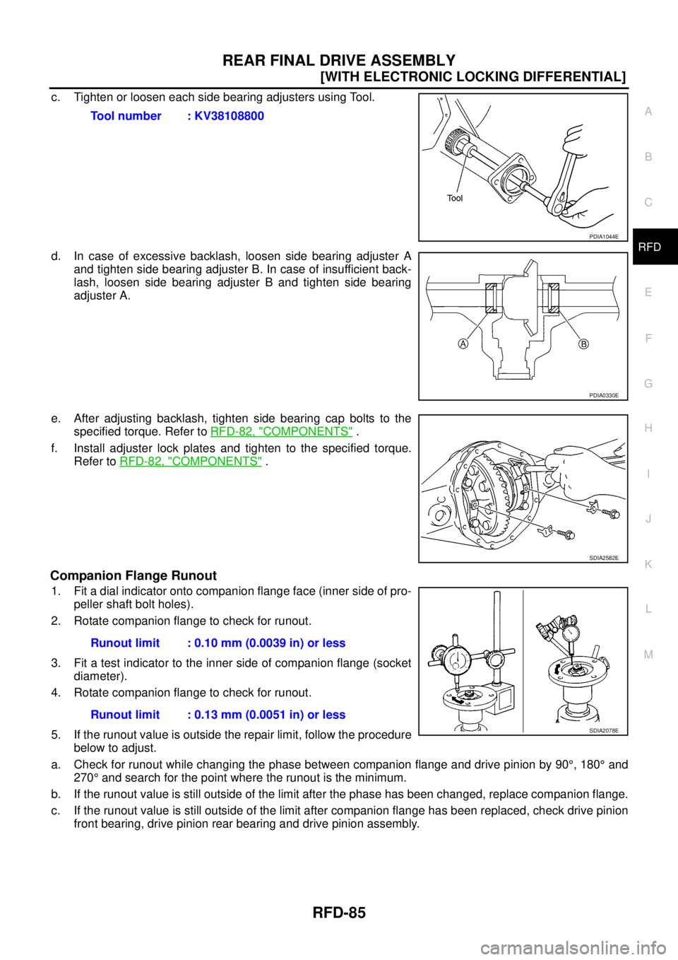 NISSAN NAVARA 2005  Repair Workshop Manual REAR FINAL DRIVE ASSEMBLY
RFD-85
[WITH ELECTRONIC LOCKING DIFFERENTIAL]
C
E
F
G
H
I
J
K
L
MA
B
RFD
c. Tighten or loosen each side bearing adjusters using Tool.
d. In case of excessive backlash, loosen