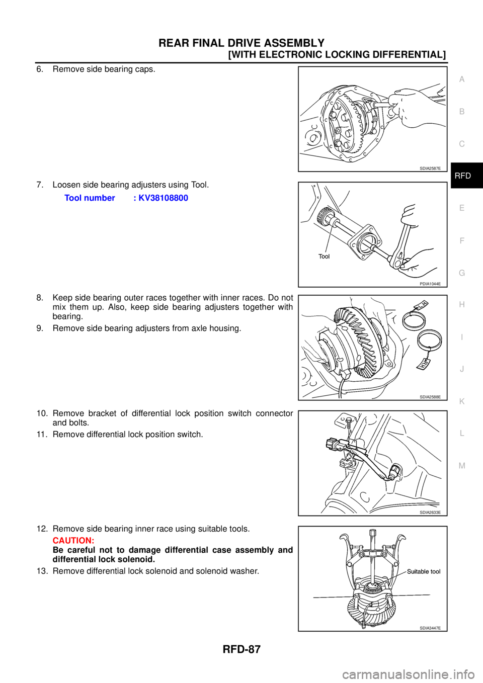 NISSAN NAVARA 2005  Repair Workshop Manual REAR FINAL DRIVE ASSEMBLY
RFD-87
[WITH ELECTRONIC LOCKING DIFFERENTIAL]
C
E
F
G
H
I
J
K
L
MA
B
RFD
6. Remove side bearing caps.
7. Loosen side bearing adjusters using Tool.
8. Keep side bearing outer 