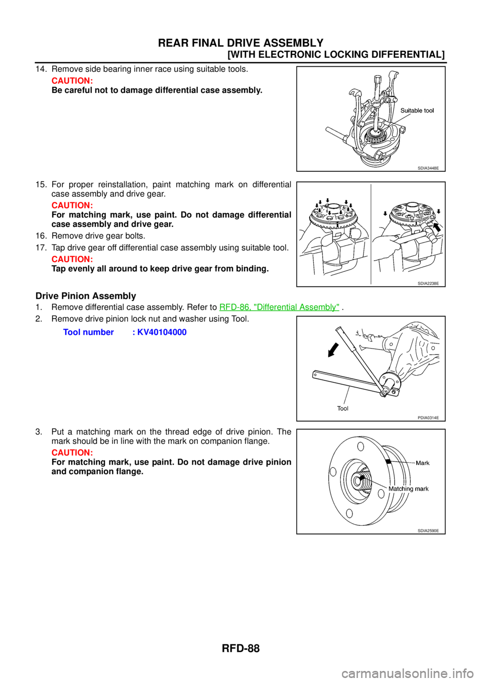 NISSAN NAVARA 2005  Repair Workshop Manual RFD-88
[WITH ELECTRONIC LOCKING DIFFERENTIAL]
REAR FINAL DRIVE ASSEMBLY
14. Remove side bearing inner race using suitable tools.
CAUTION:
Be careful not to damage differential case assembly.
15. For p
