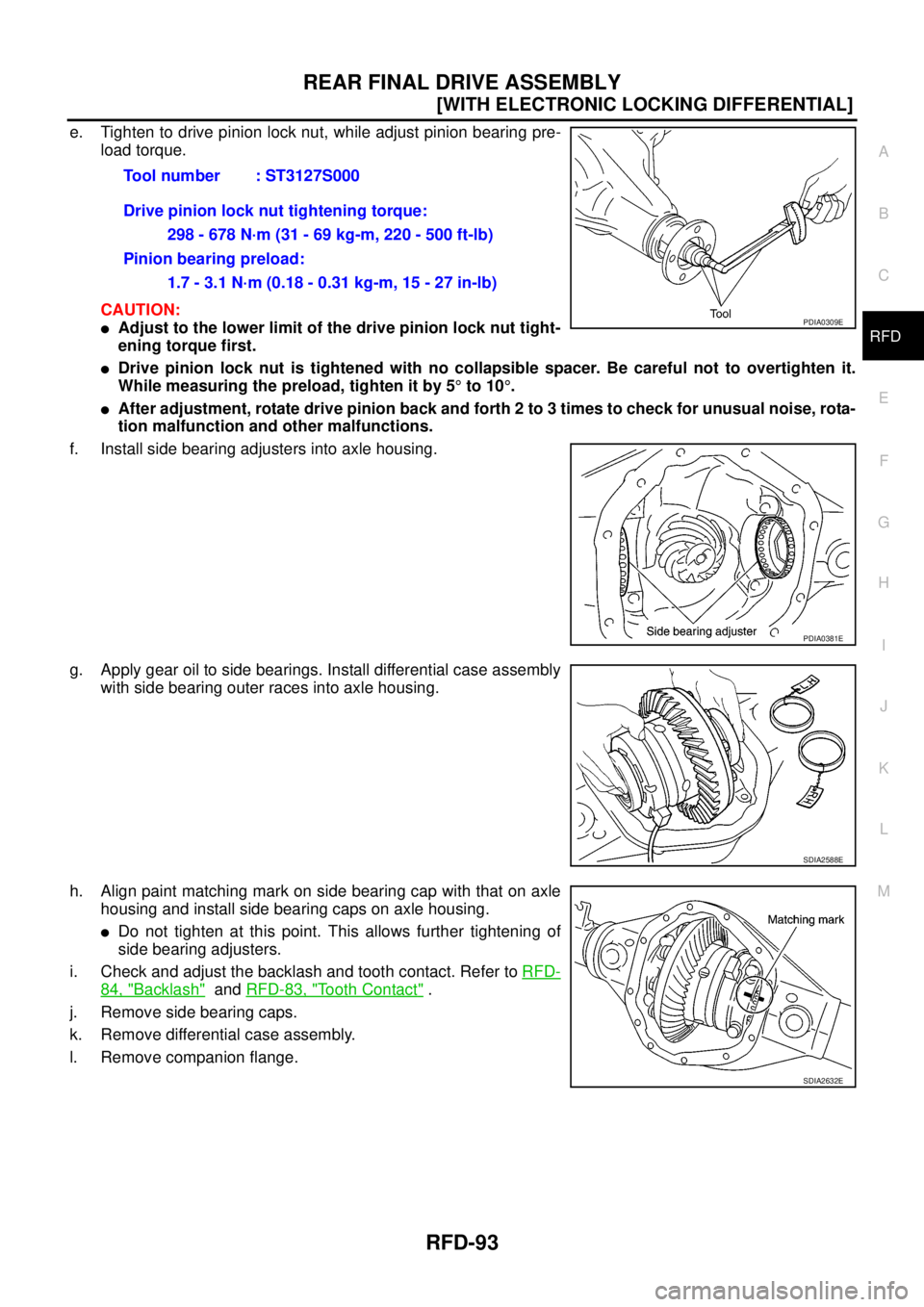 NISSAN NAVARA 2005  Repair Workshop Manual REAR FINAL DRIVE ASSEMBLY
RFD-93
[WITH ELECTRONIC LOCKING DIFFERENTIAL]
C
E
F
G
H
I
J
K
L
MA
B
RFD
e. Tighten to drive pinion lock nut, while adjust pinion bearing pre-
load torque.
CAUTION:
lAdjust t