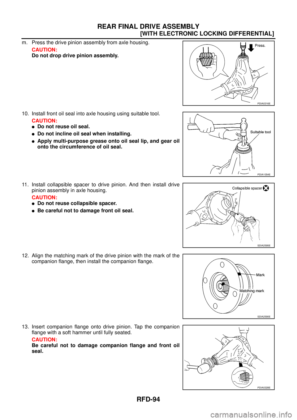 NISSAN NAVARA 2005  Repair Workshop Manual RFD-94
[WITH ELECTRONIC LOCKING DIFFERENTIAL]
REAR FINAL DRIVE ASSEMBLY
m. Press the drive pinion assembly from axle housing.
CAUTION:
Do not drop drive pinion assembly.
10. Install front oil seal int