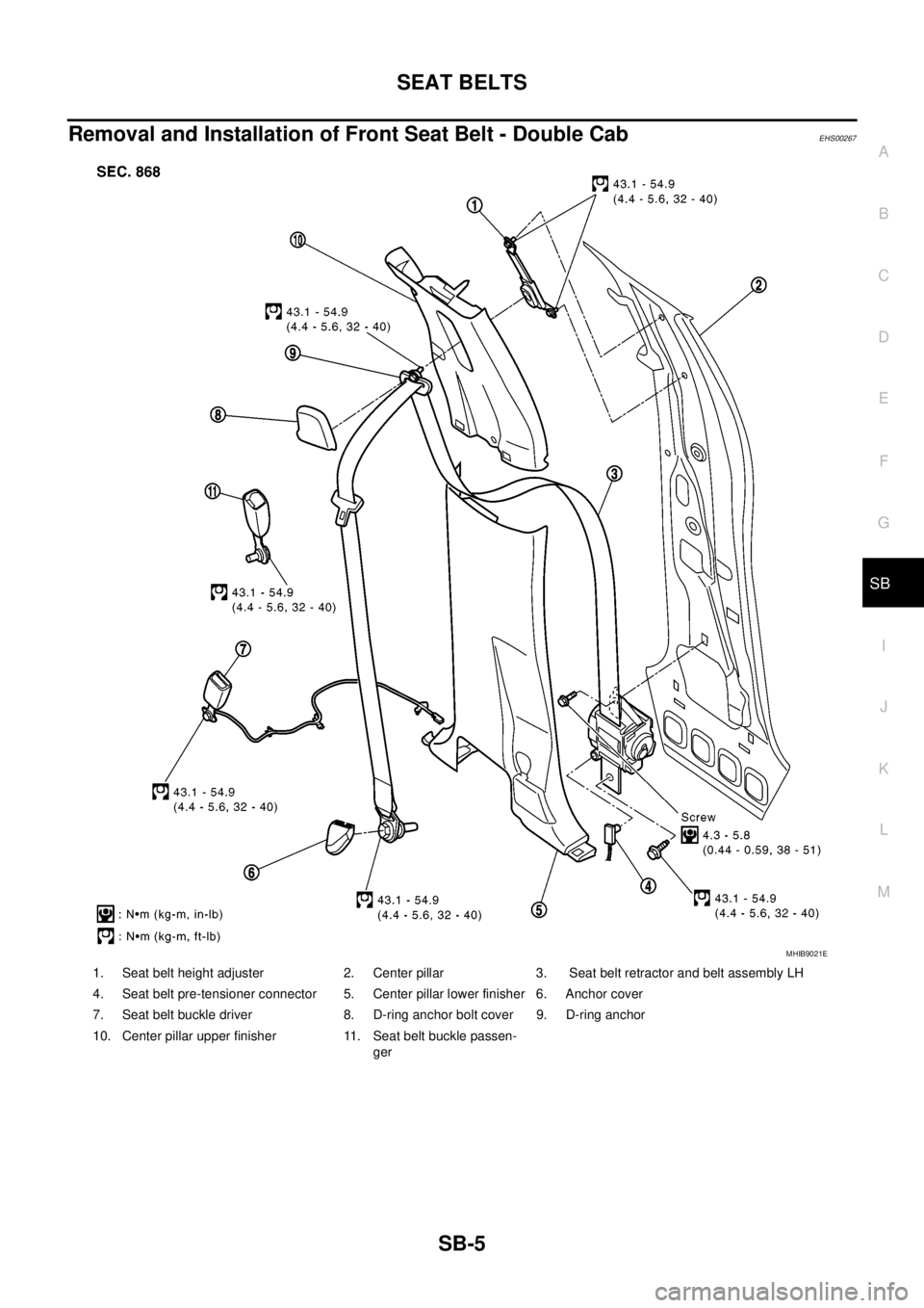 NISSAN NAVARA 2005  Repair Workshop Manual SEAT BELTS
SB-5
C
D
E
F
G
I
J
K
L
MA
B
SB
Removal and Installation of Front Seat Belt - Double CabEHS00267
1. Seat belt height adjuster 2. Center pillar 3. Seat belt retractor and belt assembly LH
4. 