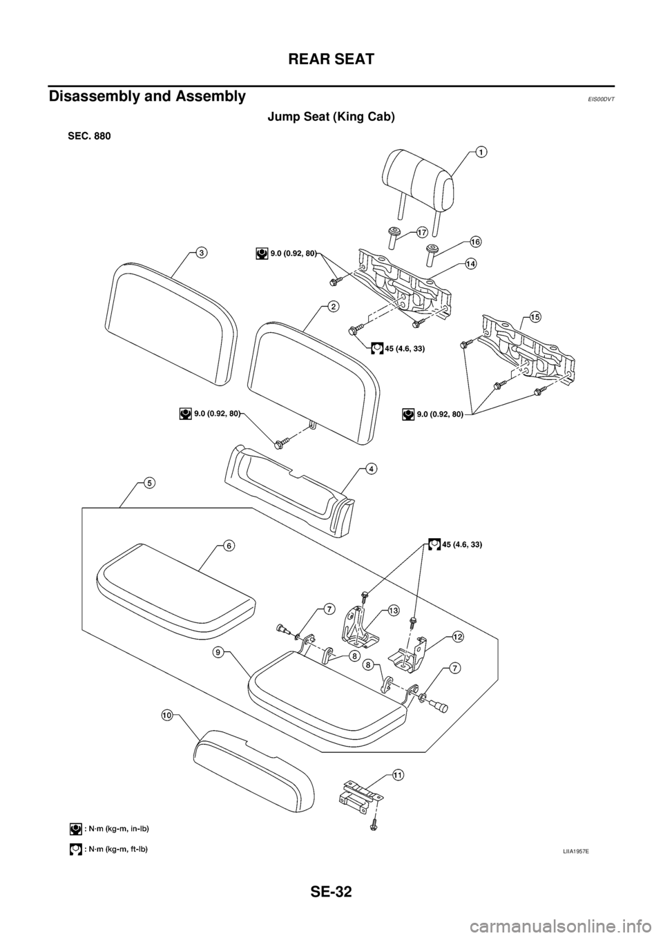 NISSAN NAVARA 2005  Repair Workshop Manual SE-32
REAR SEAT
Disassembly and Assembly
EIS00DVT
Jump Seat (King Cab)
LIIA1957E 