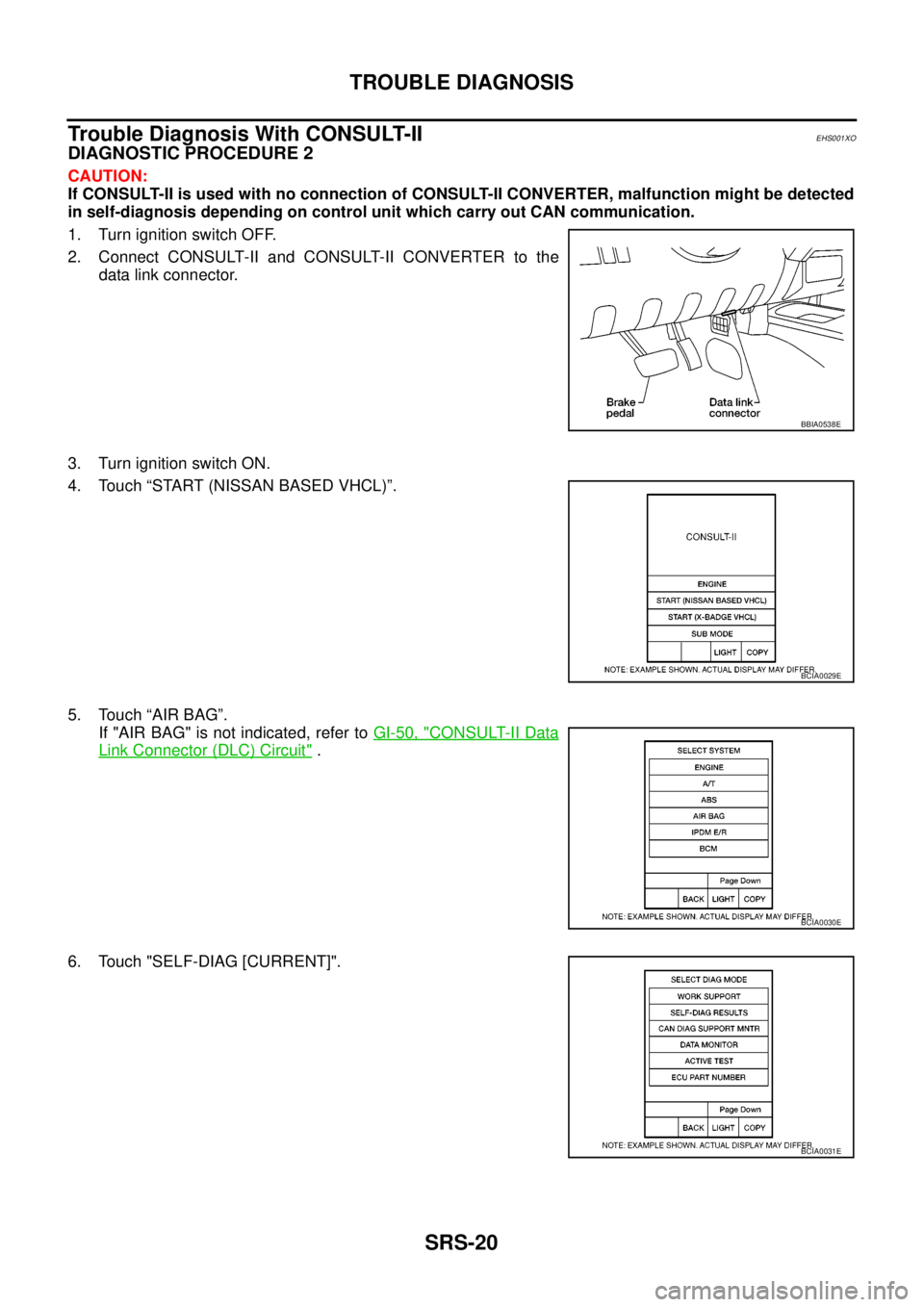 NISSAN NAVARA 2005  Repair Workshop Manual SRS-20
TROUBLE DIAGNOSIS
Trouble Diagnosis With CONSULT-II
EHS001XO
DIAGNOSTIC PROCEDURE 2
CAUTION:
If CONSULT-II is used with no connection of CONSULT-II CONVERTER, malfunction might be detected
in s