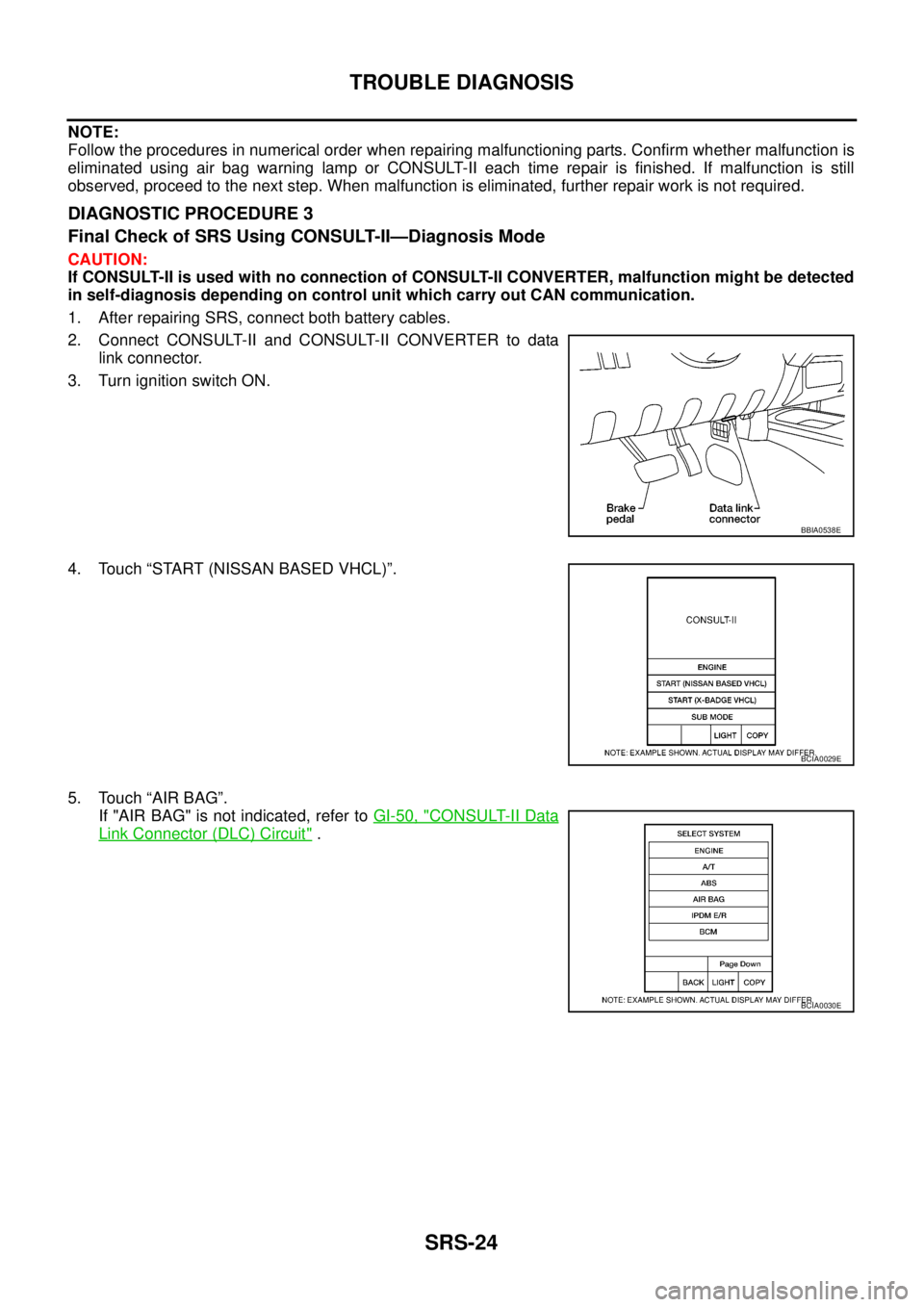 NISSAN NAVARA 2005  Repair Workshop Manual SRS-24
TROUBLE DIAGNOSIS
NOTE:
Follow the procedures in numerical order when repairing malfunctioning parts. Confirm whether malfunction is
eliminated using air bag warning lamp or CONSULT-II each tim