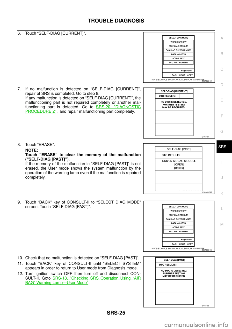 NISSAN NAVARA 2005  Repair Workshop Manual TROUBLE DIAGNOSIS
SRS-25
C
D
E
F
G
I
J
K
L
MA
B
SRS
6. Touch “SELF-DIAG [CURRENT]”.
7. If no malfunction is detected on “SELF-DIAG [CURRENT]”,
repair of SRS is completed. Go to step 8.
If any 