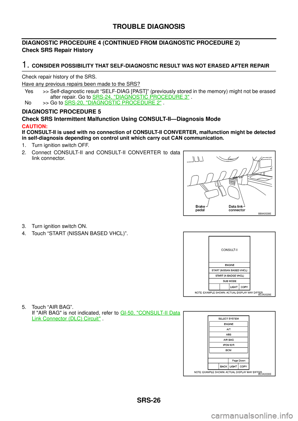 NISSAN NAVARA 2005  Repair Workshop Manual SRS-26
TROUBLE DIAGNOSIS
DIAGNOSTIC PROCEDURE 4 (CONTINUED FROM DIAGNOSTIC PROCEDURE 2)
Check SRS Repair History
1.CONSIDER POSSIBILITY THAT SELF-DIAGNOSTIC RESULT WAS NOT ERASED AFTER REPAIR
Check re